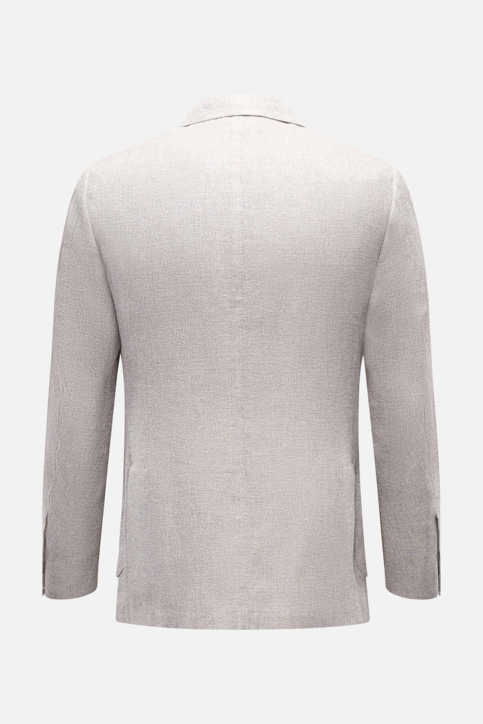 Back view of Borrelli Smart-casual jacket 'Procida' grey/off-white mottled, showcasing lightweight linen, silk, cotton blend, slim fit, step lapel, patch hip pockets, unfinished sleeve cuffs, and side vents.

Business elegance in a summery design: With