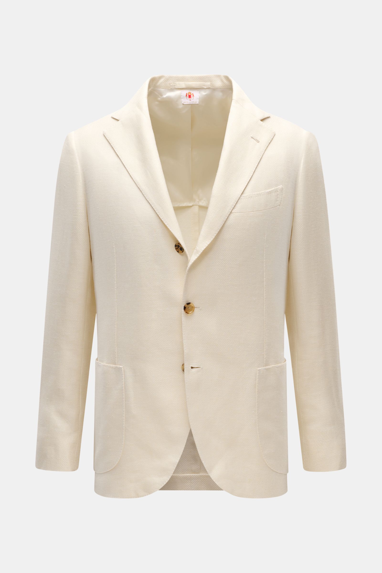 Front view of Borrelli Smart-casual jacket 'Procida' cream in lightweight linen, silk, cotton blend, slim fit with step lapel, three-button style, classic breast pocket, patch hip pockets, unfinished sleeve cuffs, side vents, half lined, and two inside po