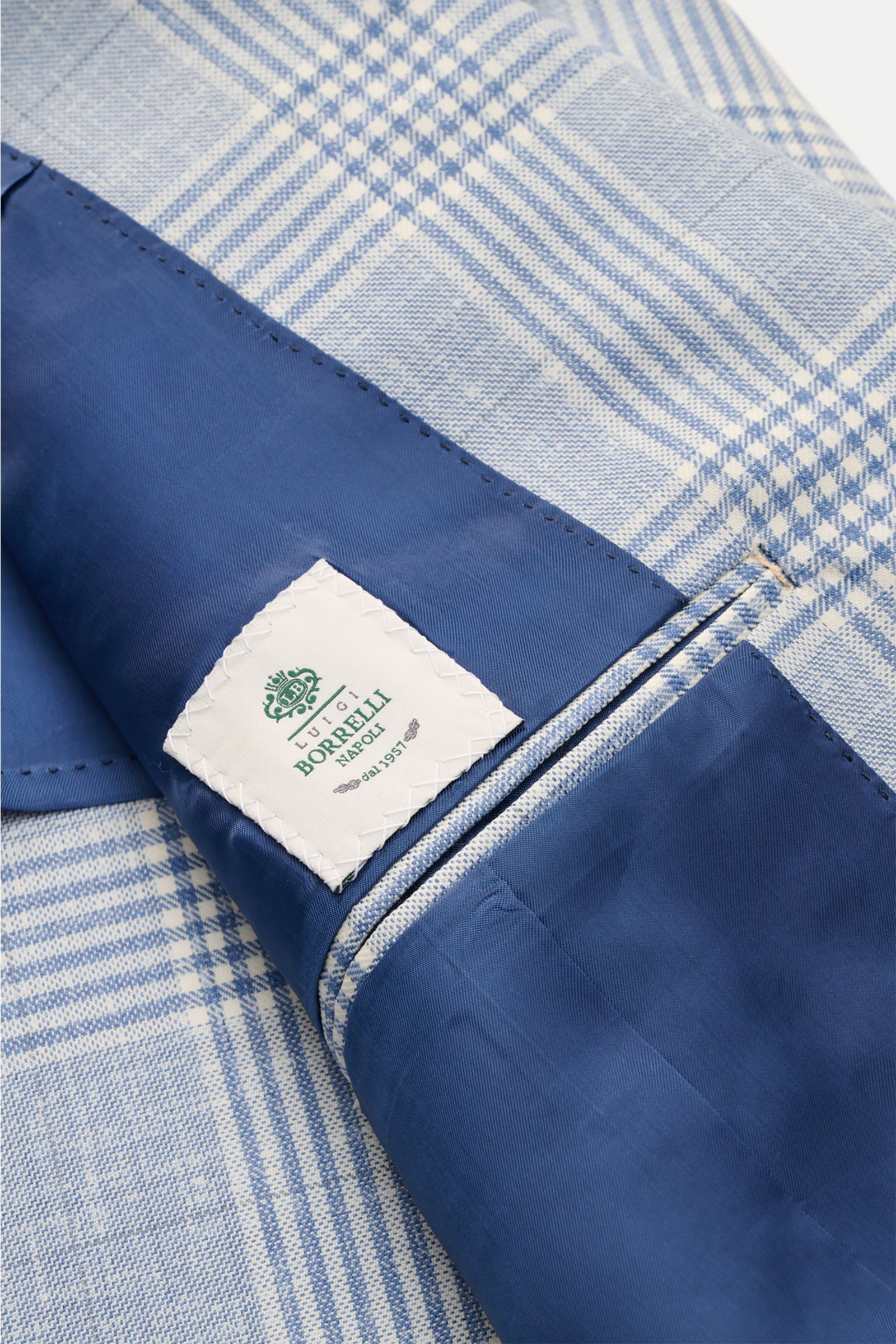 Borrelli Sakko 'Procida' rauchblau/offwhite kariert, Detailaufnahme Innenfutter blau mit Label, Wolle-Cashmere-Mix, Glencheck, Slim Fit.