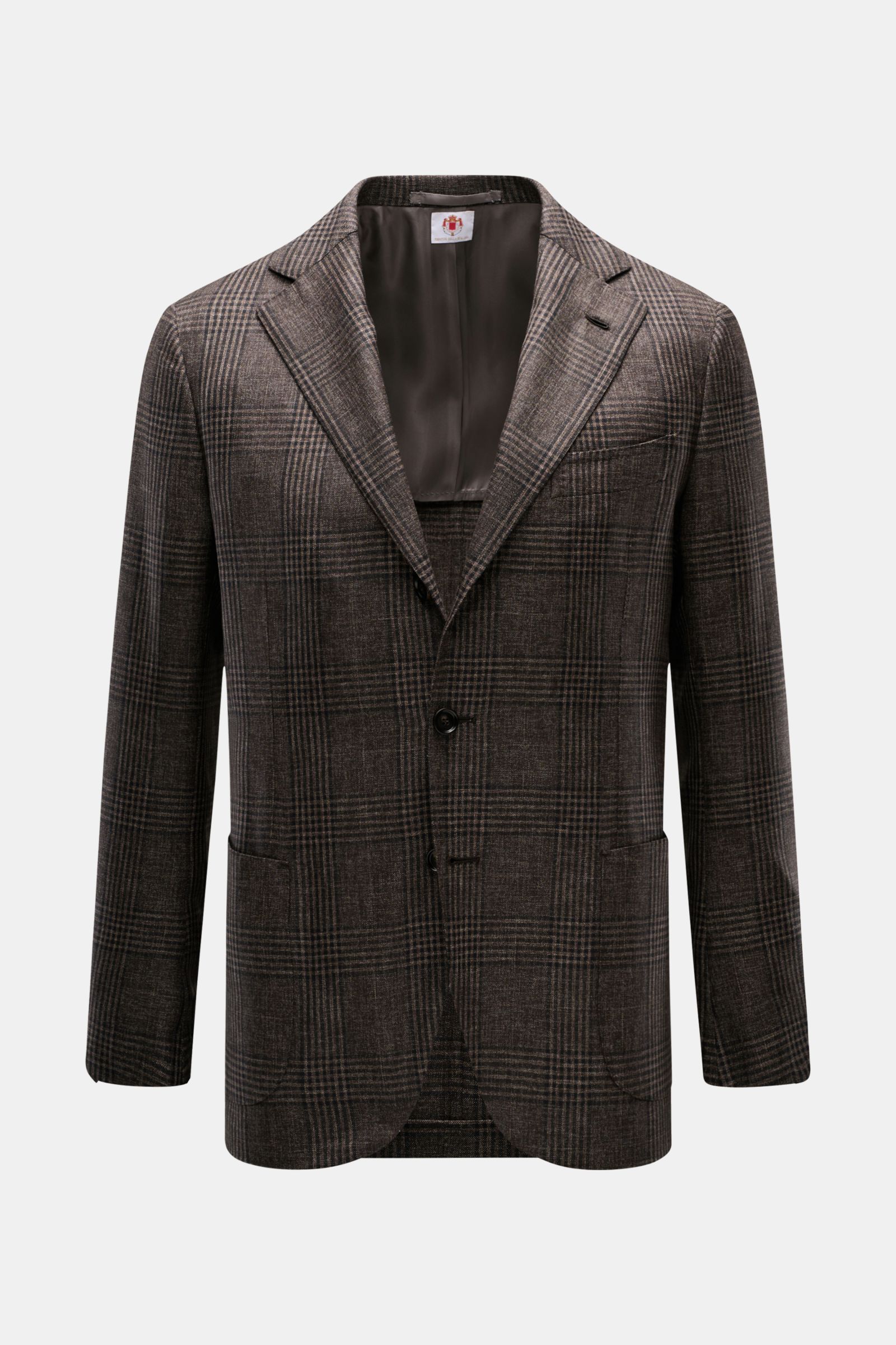 Borrelli Sakko 'Procida' braun/schwarz kariert, Slim Fit, aus Wolle mit Cashmere, tailliert, Glencheck, halb gefüttert, frontal fotografiert.