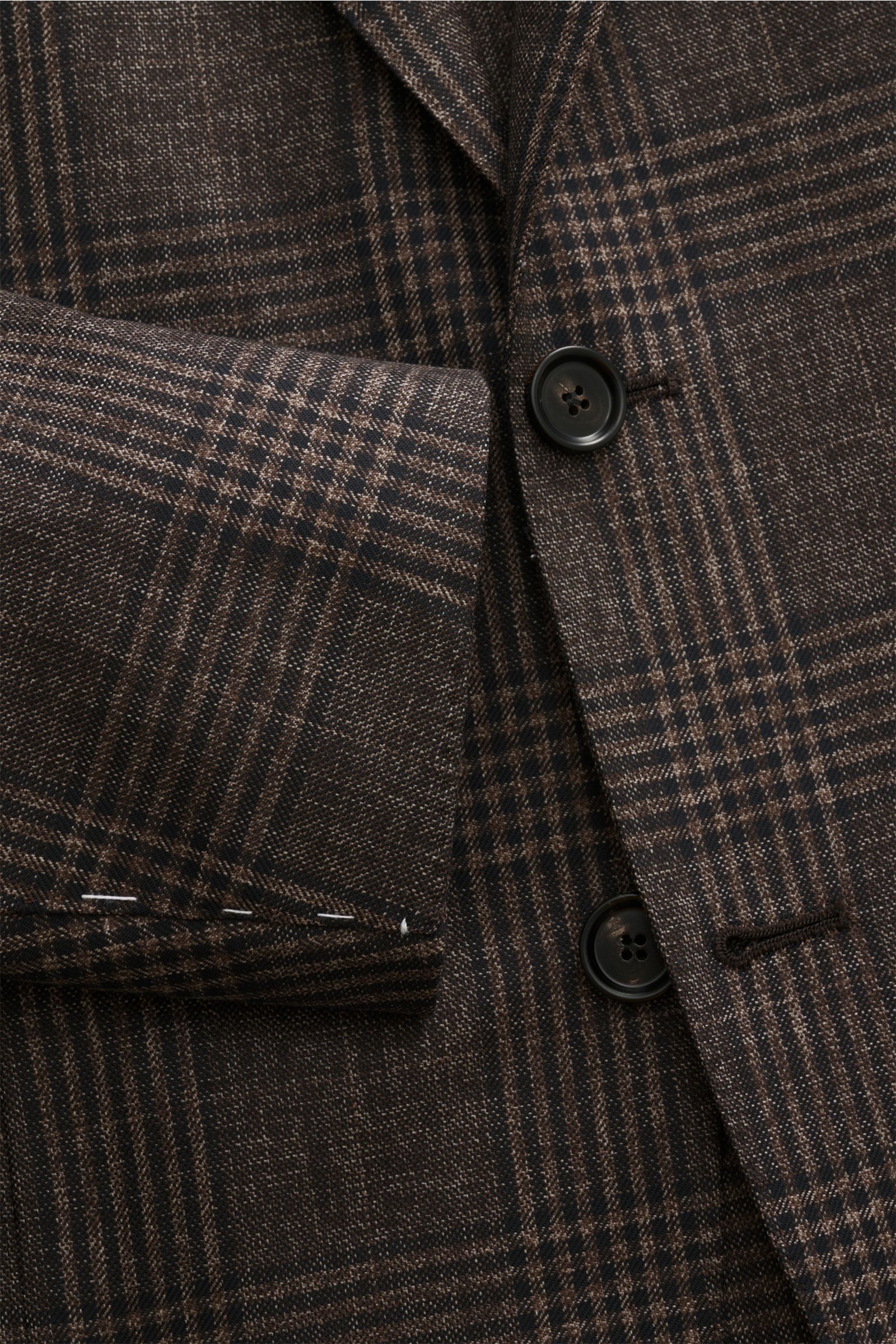 Borrelli Sakko 'Procida' braun/schwarz kariert, Detailaufnahme von Knöpfen, fallendem Revers und Glencheck-Muster aus Wolle mit Cashmere, Slim Fit