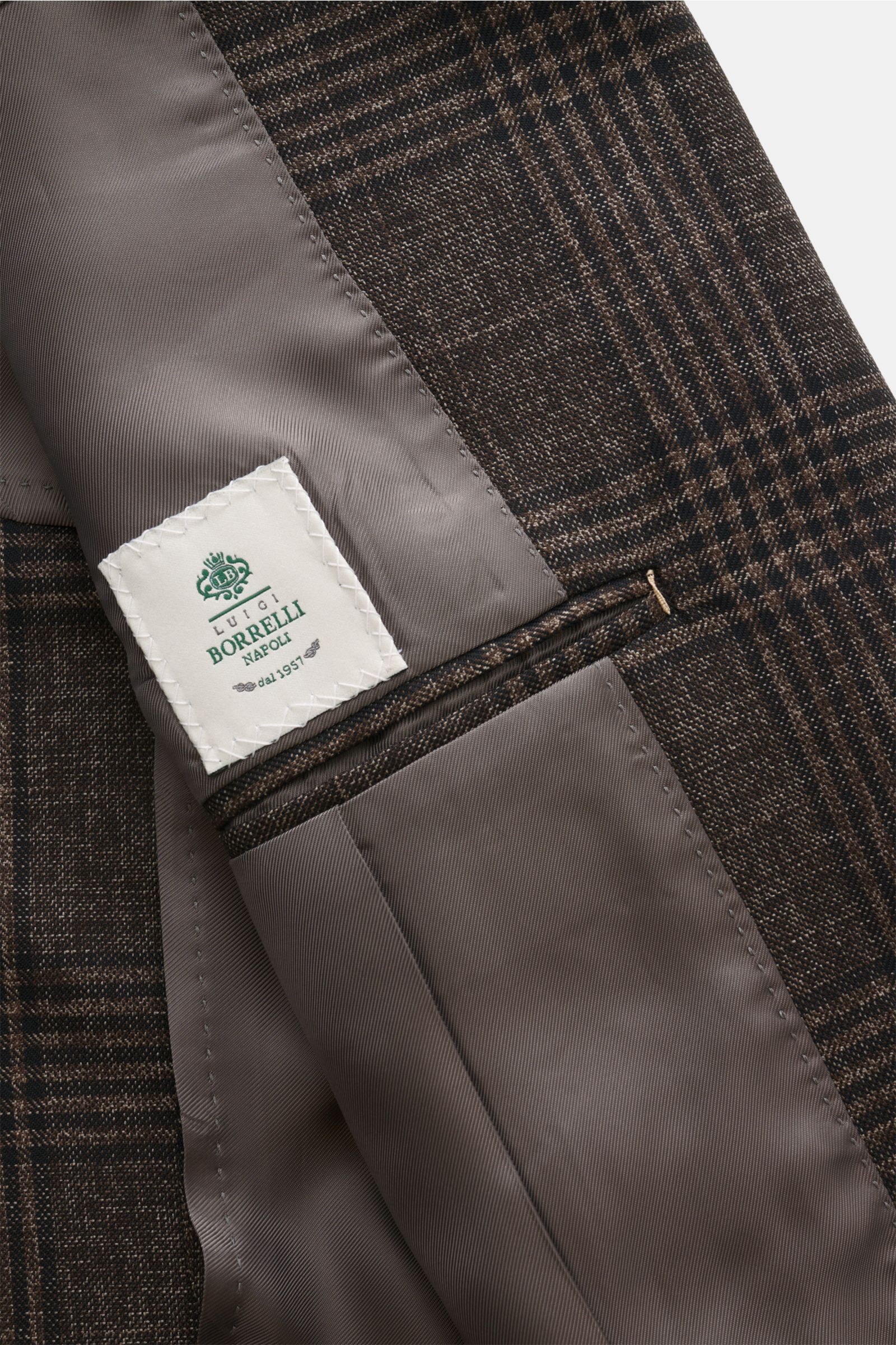 Nahaufnahme des halb gefütterten Borrelli Sakko 'Procida' braun/schwarz kariert von innen mit edlem Wolle-Cashmere-Mix, Glencheck-Muster.
