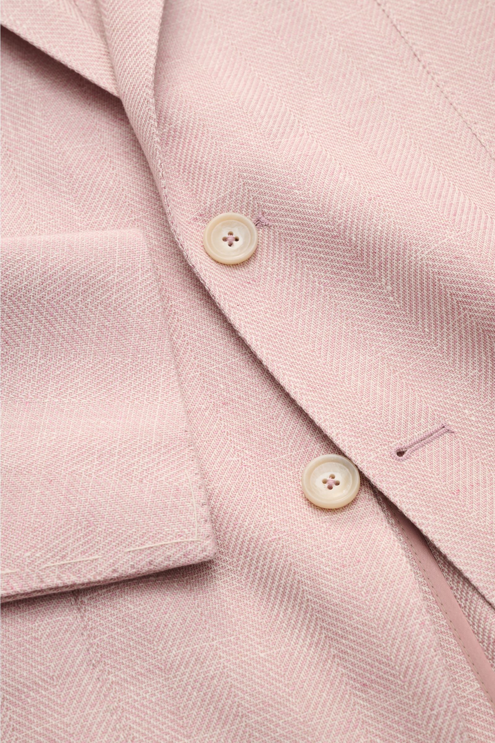 Tagliatore Sakko 'Monte Carlo' altrosa meliert, Nahaufnahme von Knöpfen und Fischgrat-Struktur, Leinen-Baumwoll-Mix, Slim Fit, tailliert.