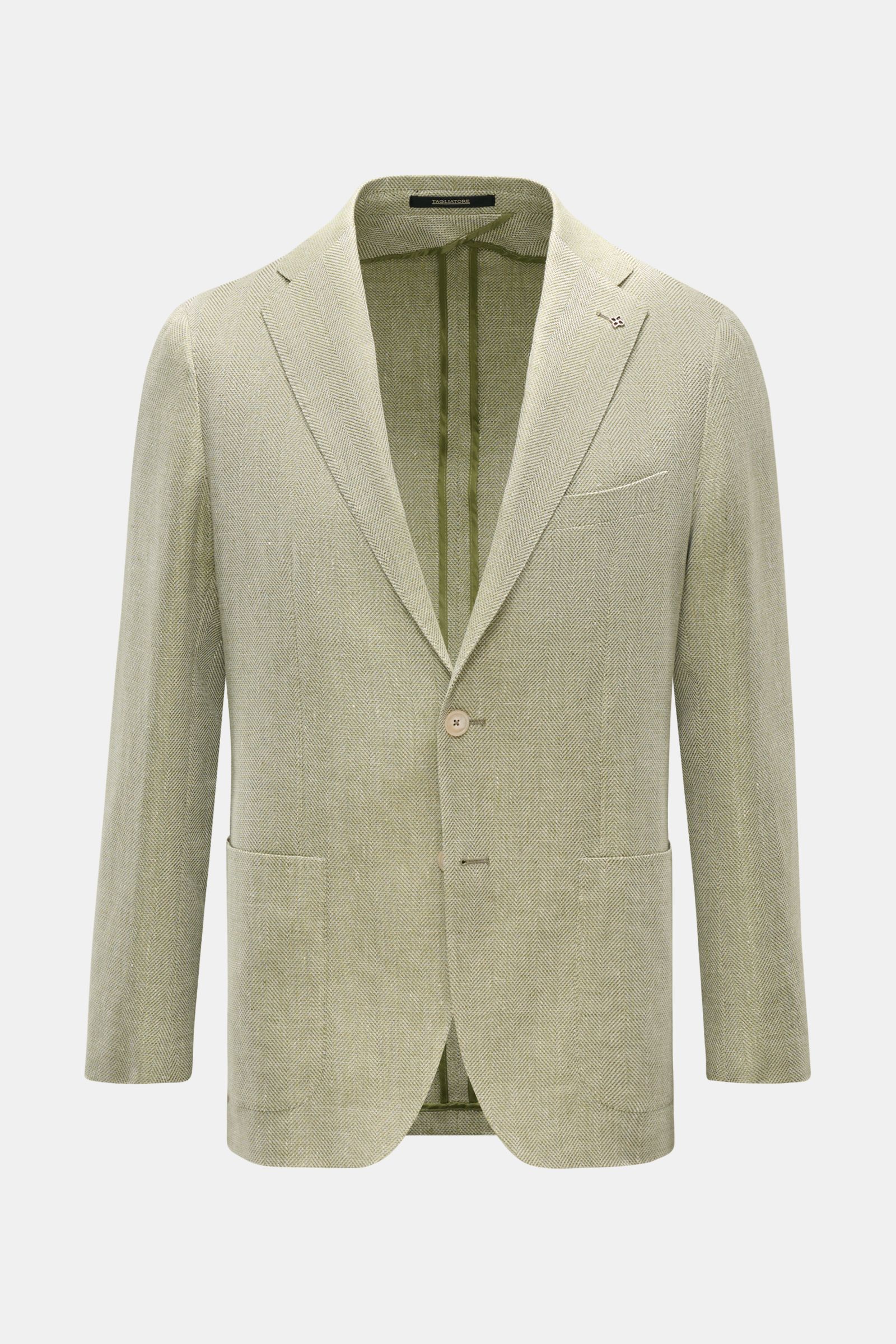 Tagliatore Sakko 'Monte Carlo' oliv meliert, frontal mit markanter Fischgrat-Struktur, Slim Fit, Leinen-Baumwoll-Mix, zwei Knöpfe, Unconstructed Design.