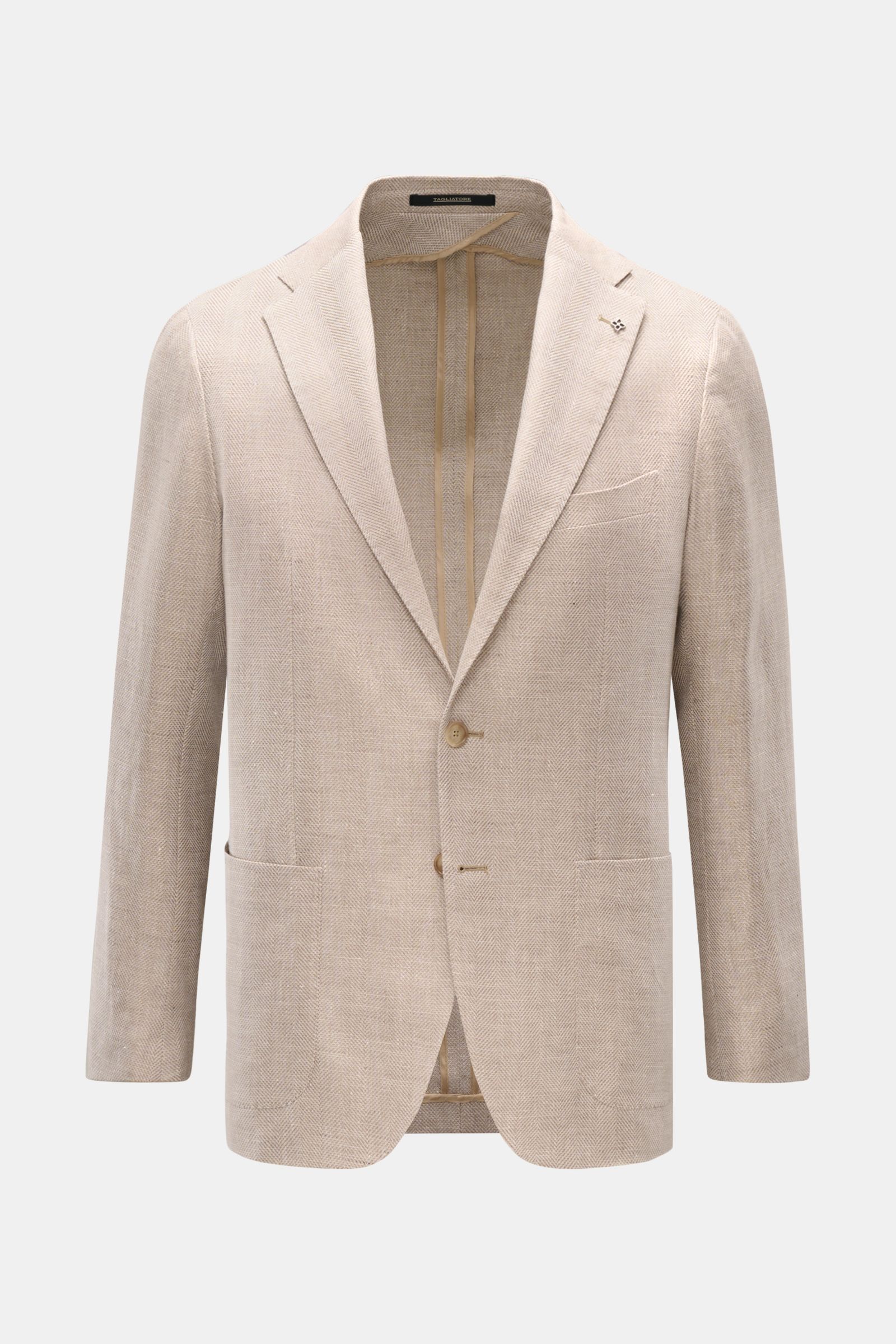 Front view of Tagliatore Smart-casual jacket 'Monte Carlo' beige mottled, slim fit linen-cotton blend with herringbone weave, two-button, step lapel, classic breast pocket, patch hip pockets, unfinished cuffs, and signature pin on lapel.  

