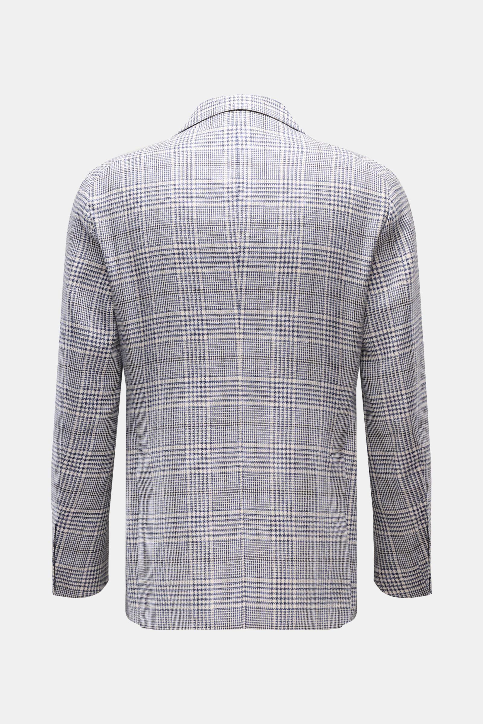 Tagliatore Smart-casual jacket 'Monte Carlo' dark blue/cream checked shown from the back, featuring a slim fit, Glen check pattern, linen-cotton blend, step lapel, patch hip pockets, unfinished sleeve cuffs, and side vents for a lightweight, elegant look.
