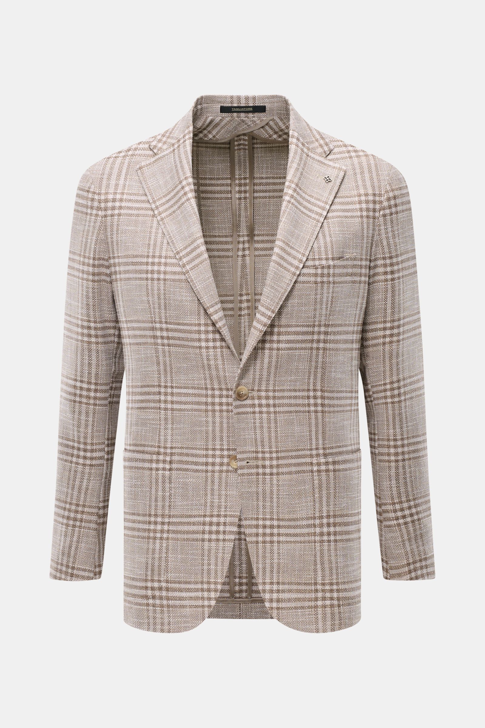 Front view of Tagliatore Smart-casual jacket 'Monte Carlo' beige/taupe checked with unconstructed finish, slim fit, step lapel, two-button style, textured elasticated fabric blend of virgin wool, cotton and silk, classic breast pocket, patch hip pockets, 