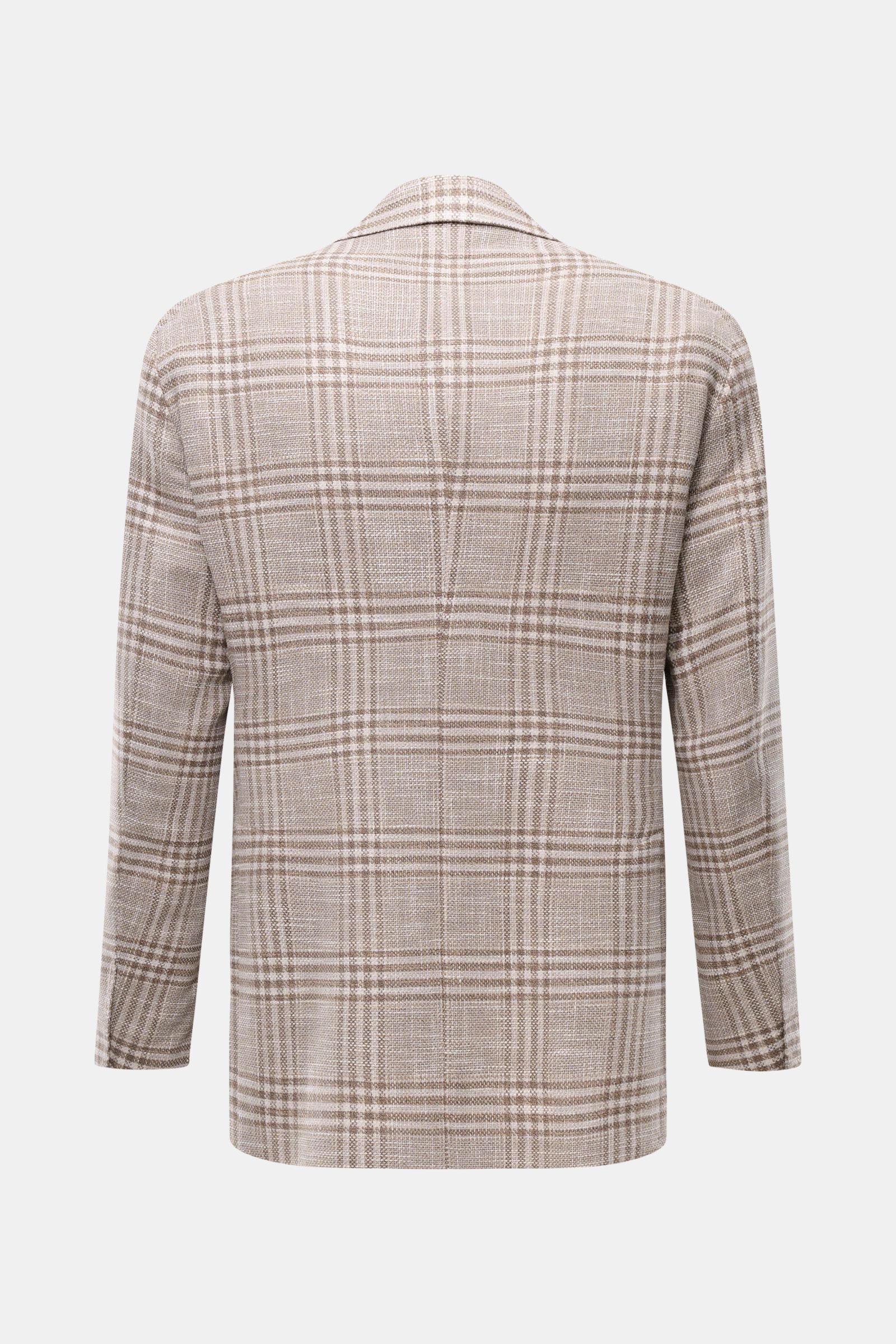 Rear view of Tagliatore Smart-casual jacket 'Monte Carlo' beige/taupe checked, featuring an unconstructed finish, elasticated textured fabric blend of virgin wool, cotton, and silk, slim fit, step lapel, classic breast pocket, patch hip pockets, unfinishe