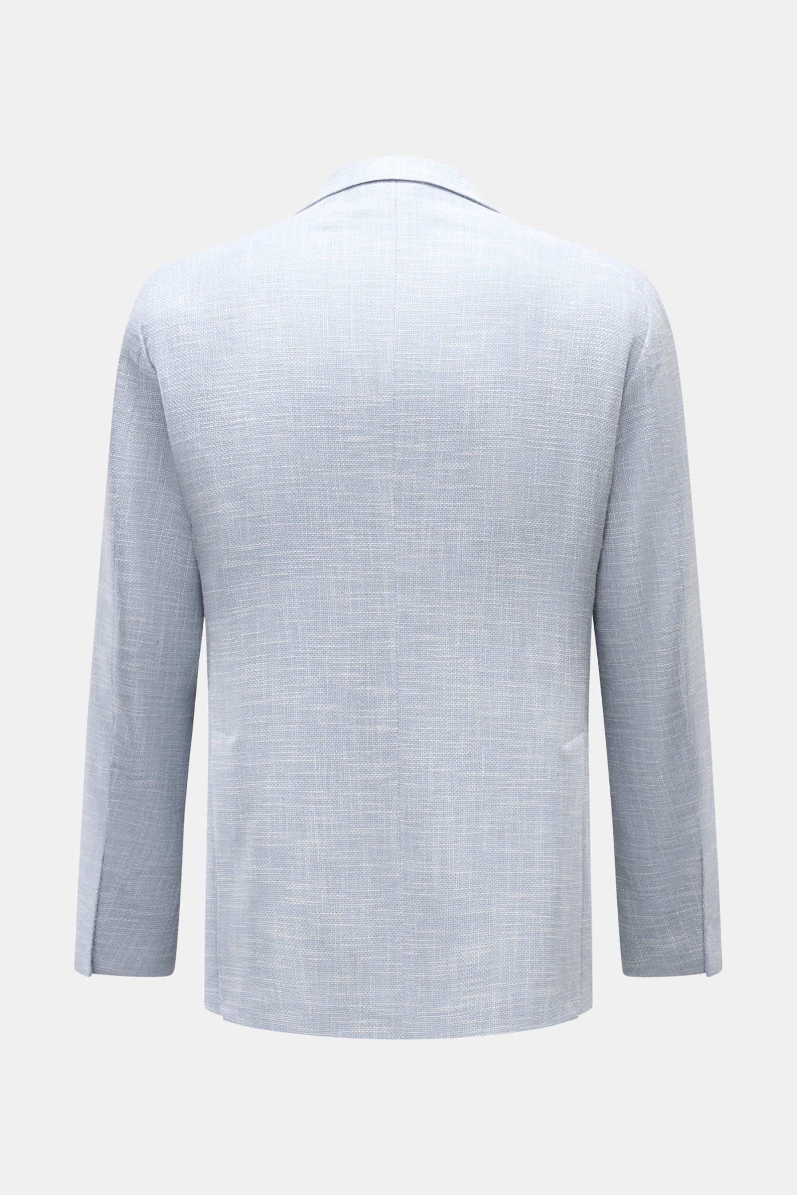 Rückansicht des Tagliatore Sakkos 'Monte Carlo' rauchblau/weiß meliert mit Unconstructed-Verarbeitung, Slim Fit, fallendem Revers und Strukturgewebe.