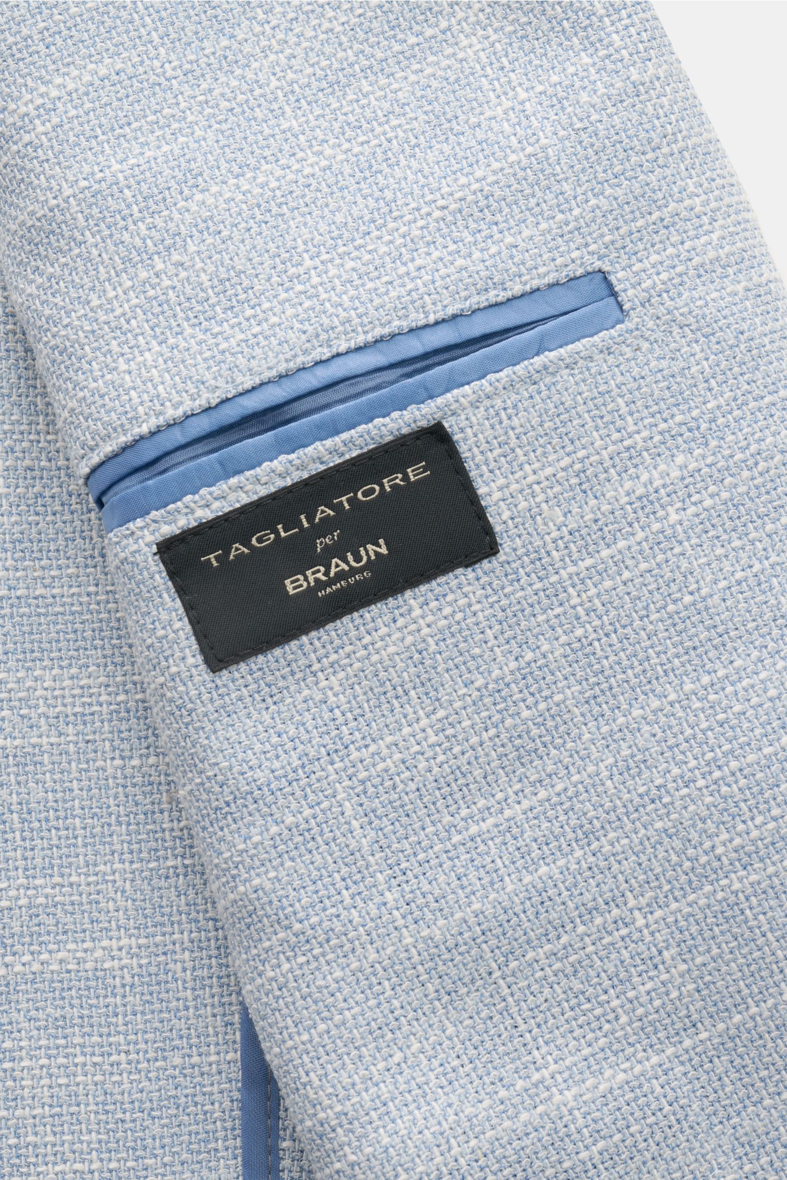 Nahaufnahme des Tagliatore Sakkos 'Monte Carlo' rauchblau/weiß meliert mit Unconstructed-Verarbeitung, Woll-Baumwoll-Seiden-Mix, weichem Griff und Strukturgewebe.