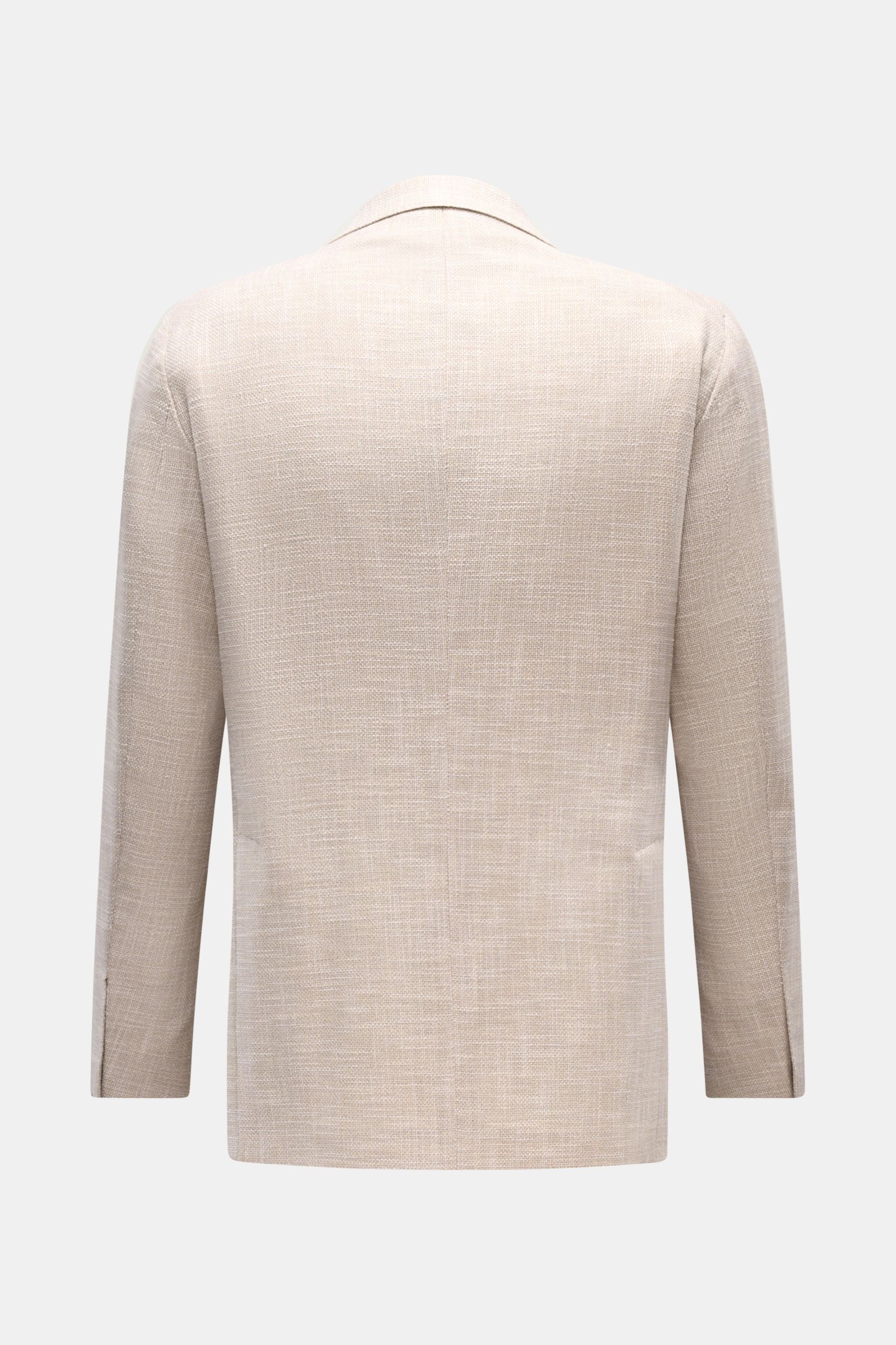 Tagliatore Smart-casual jacket 'Monte Carlo' beige mottled shown from the back, featuring an unconstructed design with side vents, textured wool-cotton-silk blend fabric, slim fit, step lapel, signature pin, classic breast pocket, patch hip pockets, unfin