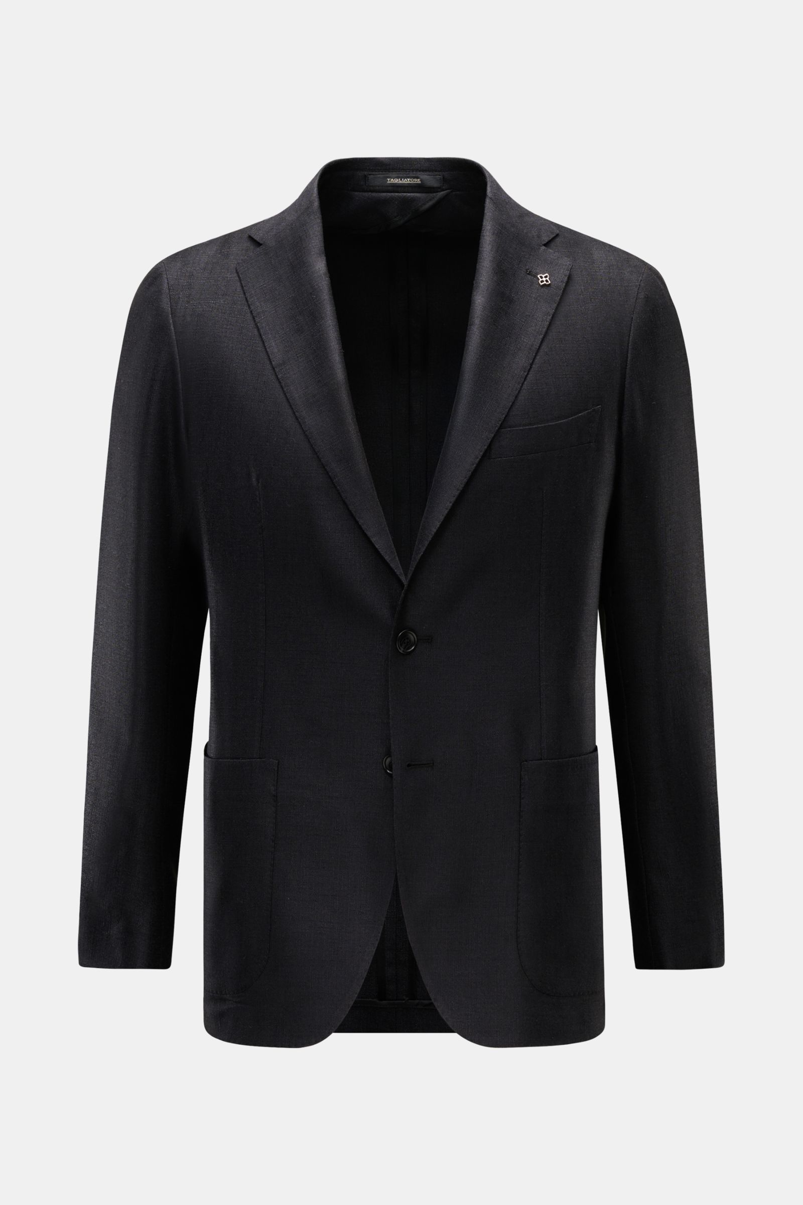Front view of Tagliatore Smart-casual jacket 'Monte Carlo' black in slim fit with step lapel, two-button style, patch hip pockets, and signature pin.

Description:  
Timeless classic: This elegant smart-casual jacket by TAGLIATORE exudes Italian sophis
