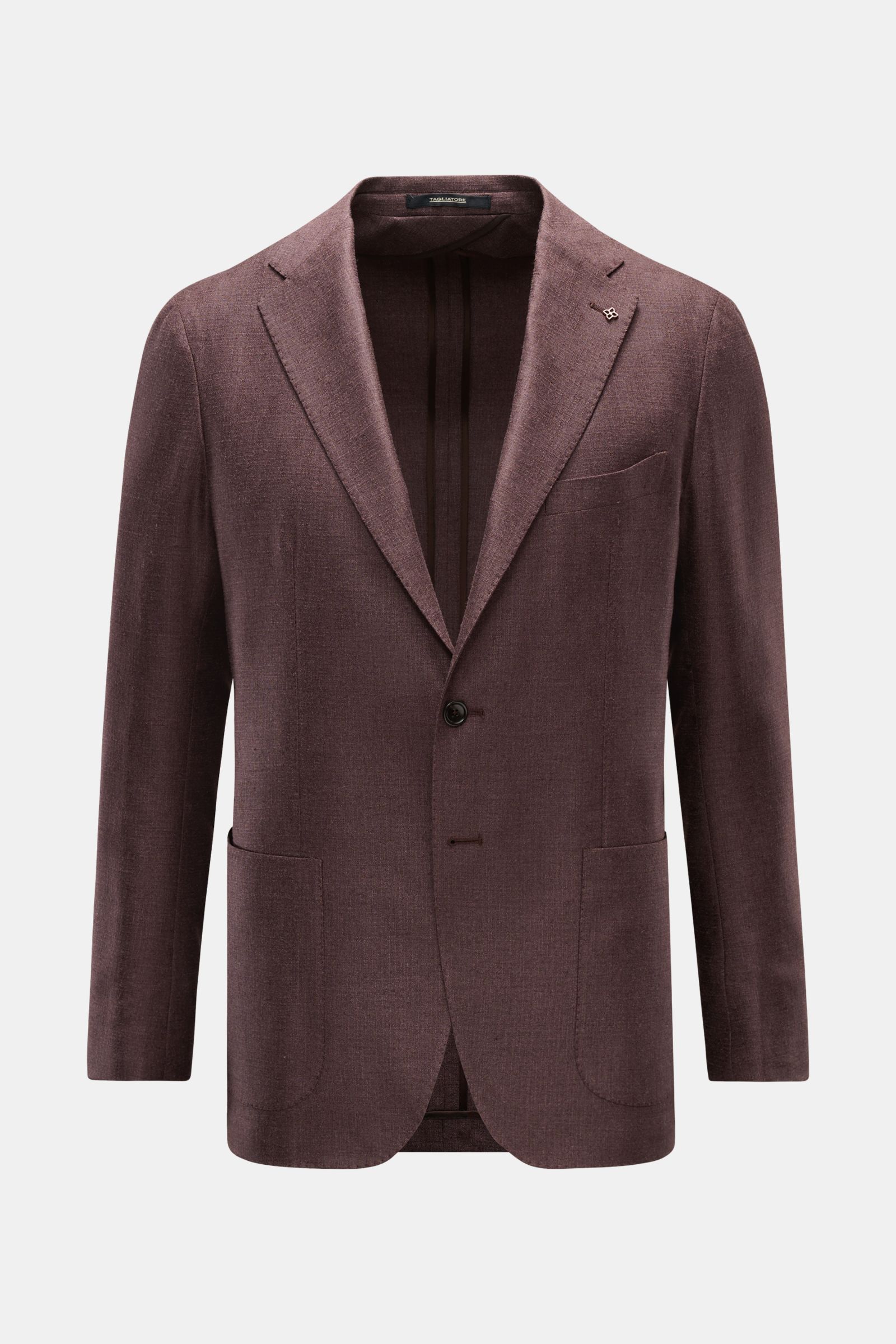 Tagliatore Sakko 'Monte Carlo' dunkelbraun meliert, Slim Fit, aus Seide-Schurwolle, feines Strukturgewebe, zwei Knöpfe, fallendes Revers mit Pin, Brust- und Hüfttaschen, seitliche Schlitze, Unconstructed Design, drei Innentaschen, frontale Aufnahme.