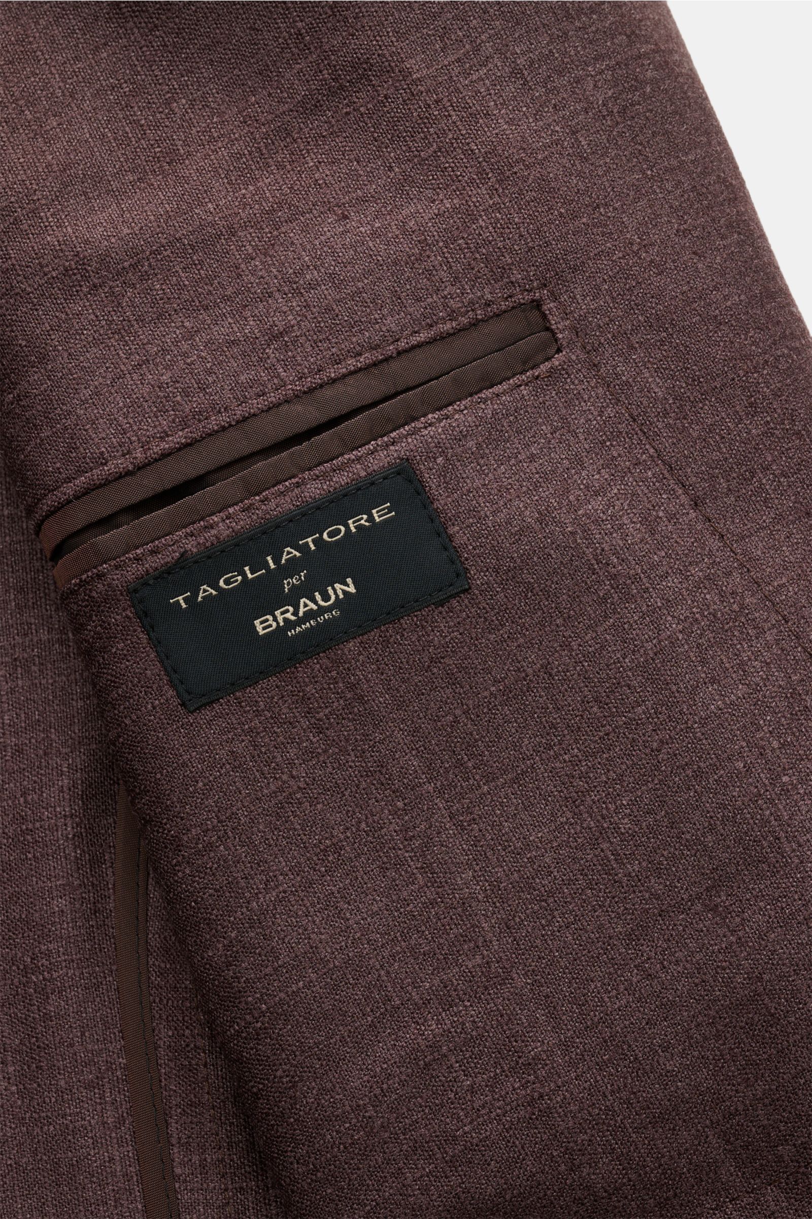Tagliatore Sakko 'Monte Carlo' dunkelbraun meliert, Detailansicht Innenfutter mit Label, edles Seide-Schurwolle-Mix, Slim Fit, Unconstructed Design.