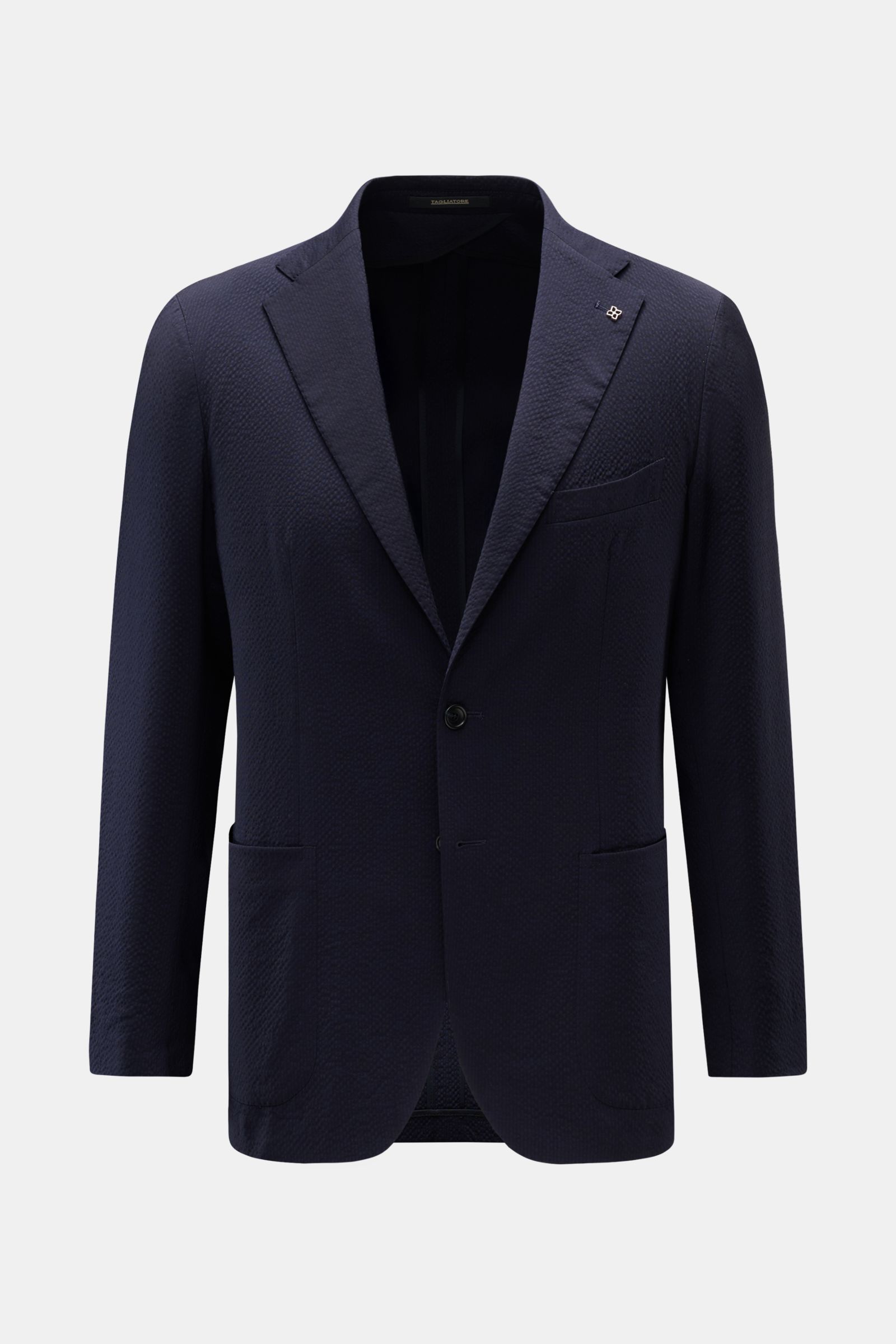 Front view of Tagliatore Smart-casual jacket 'Monte Carlo' navy in lightweight elastic Super 100s seersucker wool, slim fit with step lapel and patch pockets.