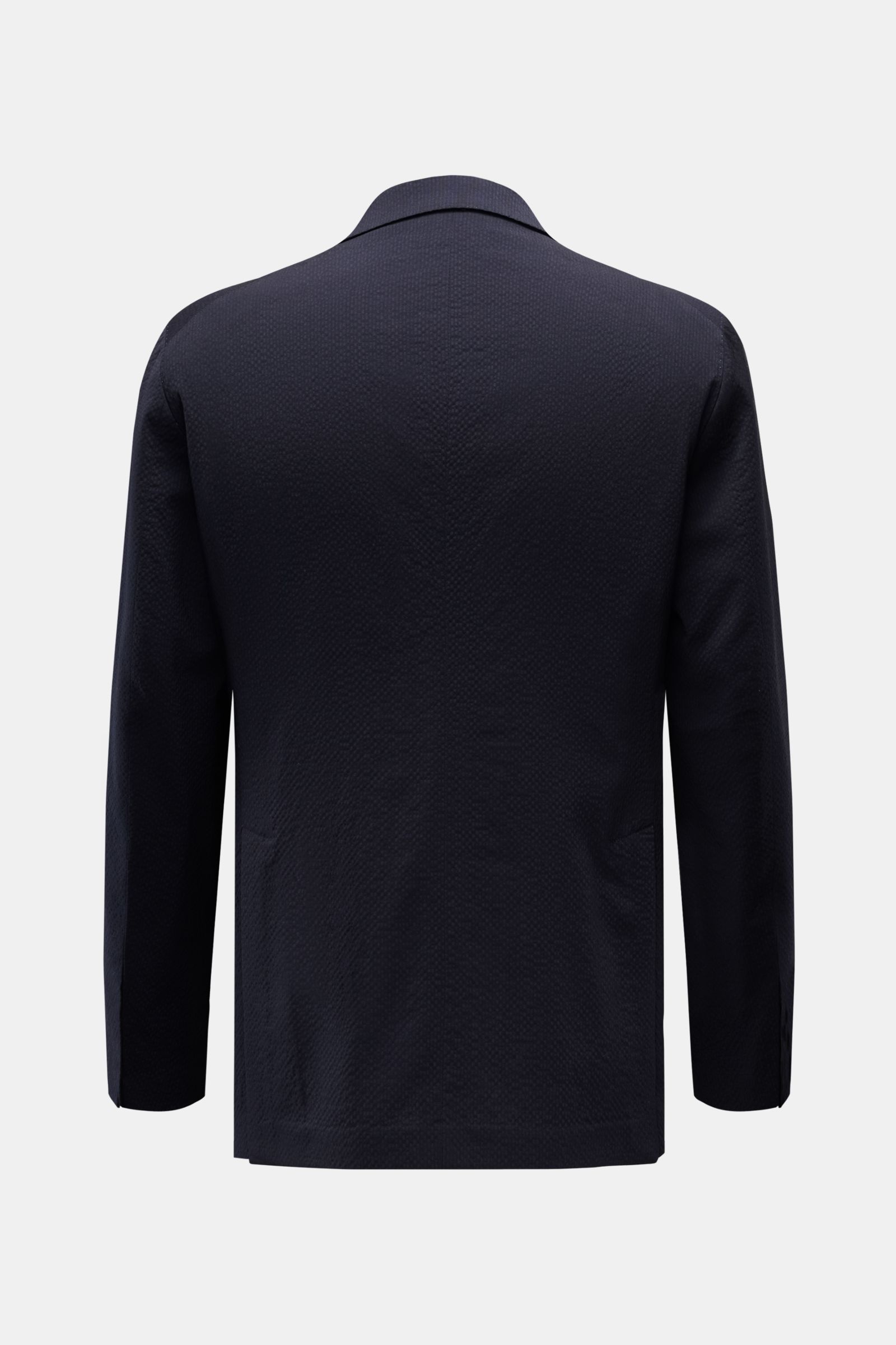 Back view of Tagliatore Smart-casual jacket 'Monte Carlo' navy in lightweight elastic Super 100s virgin wool with fine seersucker texture.

