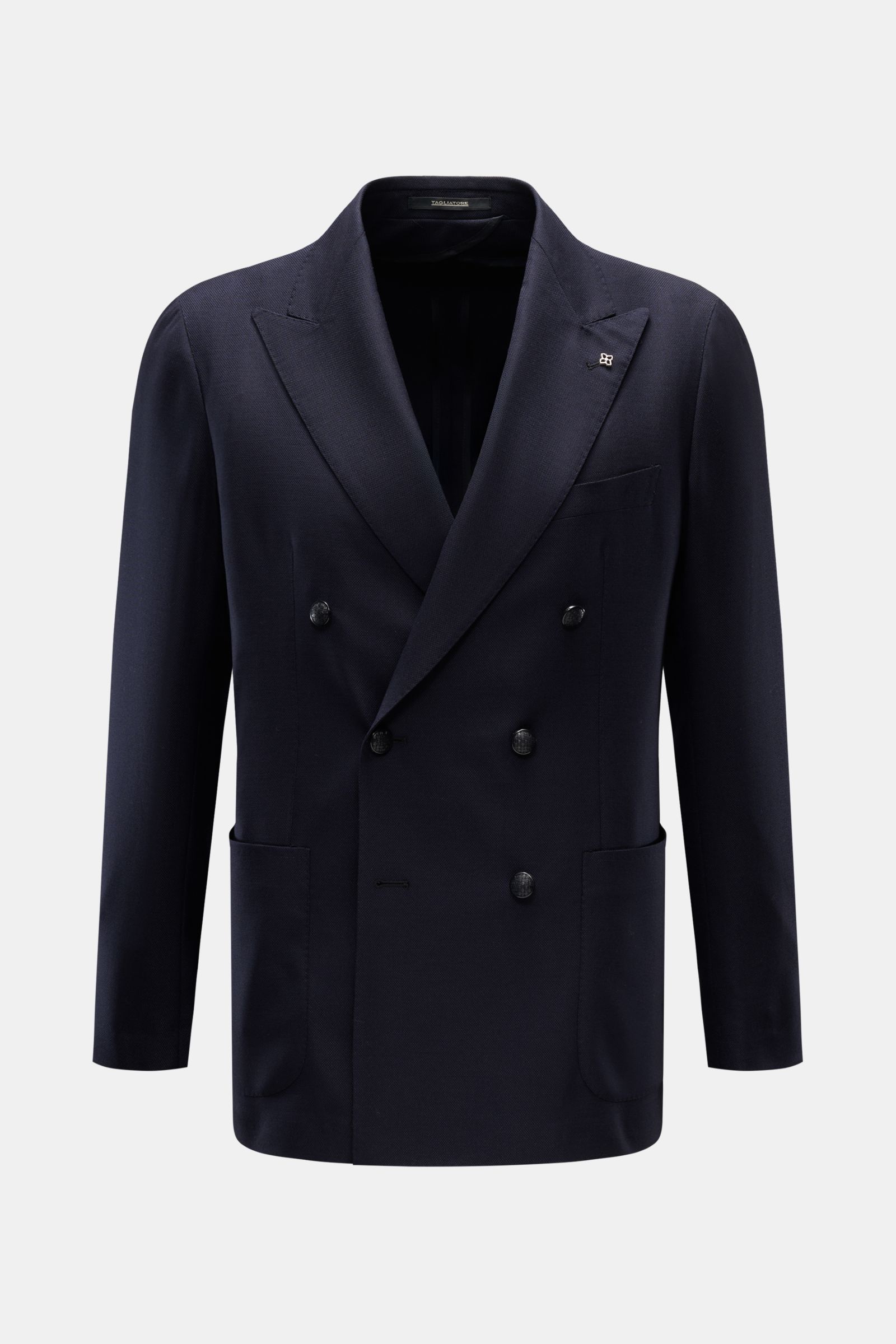 Tagliatore Sakko 'Monte Carlo' navy, frontale Sicht, zweireihig mit drei Knöpfen, Spitzrevers, zwei aufgesetzte Taschen, Super 110'S Schurwolle, Slim Fit.
