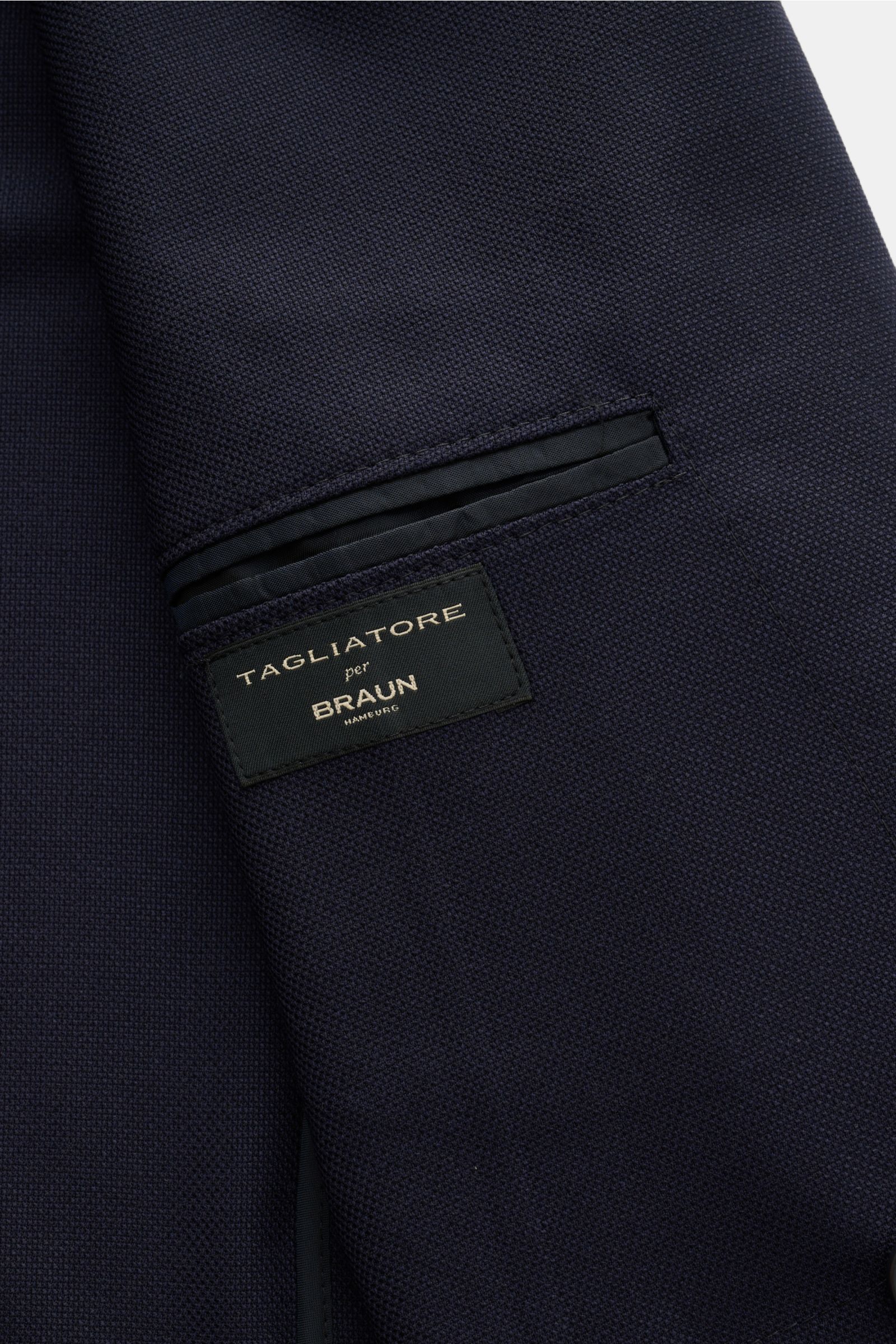 Tagliatore Sakko 'Monte Carlo' navy in elastischer Super 110'S Schurwolle, Detailansicht der Innentasche mit Label, strukturierte Webqualität.