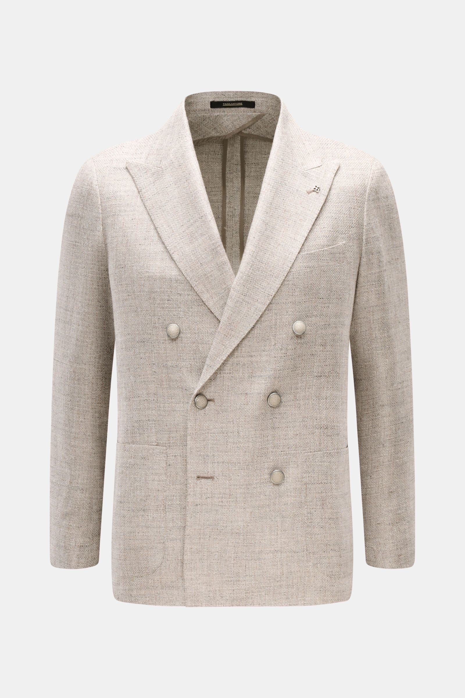 Tagliatore Sakko 'Monte Carlo' grau meliert, frontale Ansicht, Unconstructed Design, Slim Fit, zweireihig, drei Knöpfe, Spitzrevers, feines Strukturgewebe aus Seide, Leinen und Baumwolle, weicher Griff, Brusttasche, aufgesetzte Hüfttaschen, Kissing Button