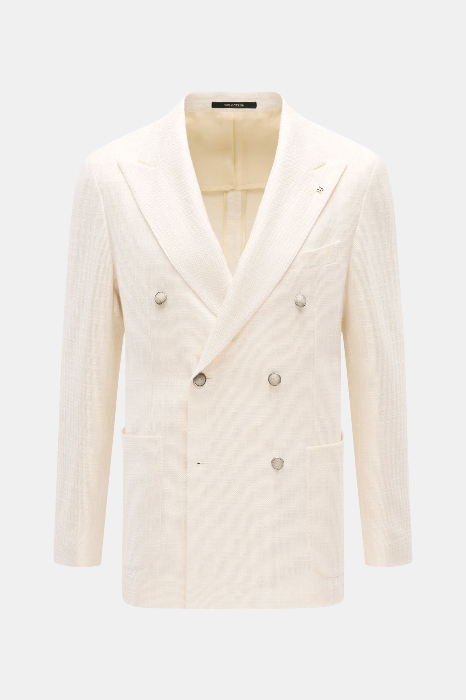 Tagliatore Sakko 'Vesuvio' creme, frontal fotografiert, Slim Fit, zweireihig, 3-Knopf-Stil, Spitzrevers, weiches, sommerliches Material mit markanter Webstruktur.