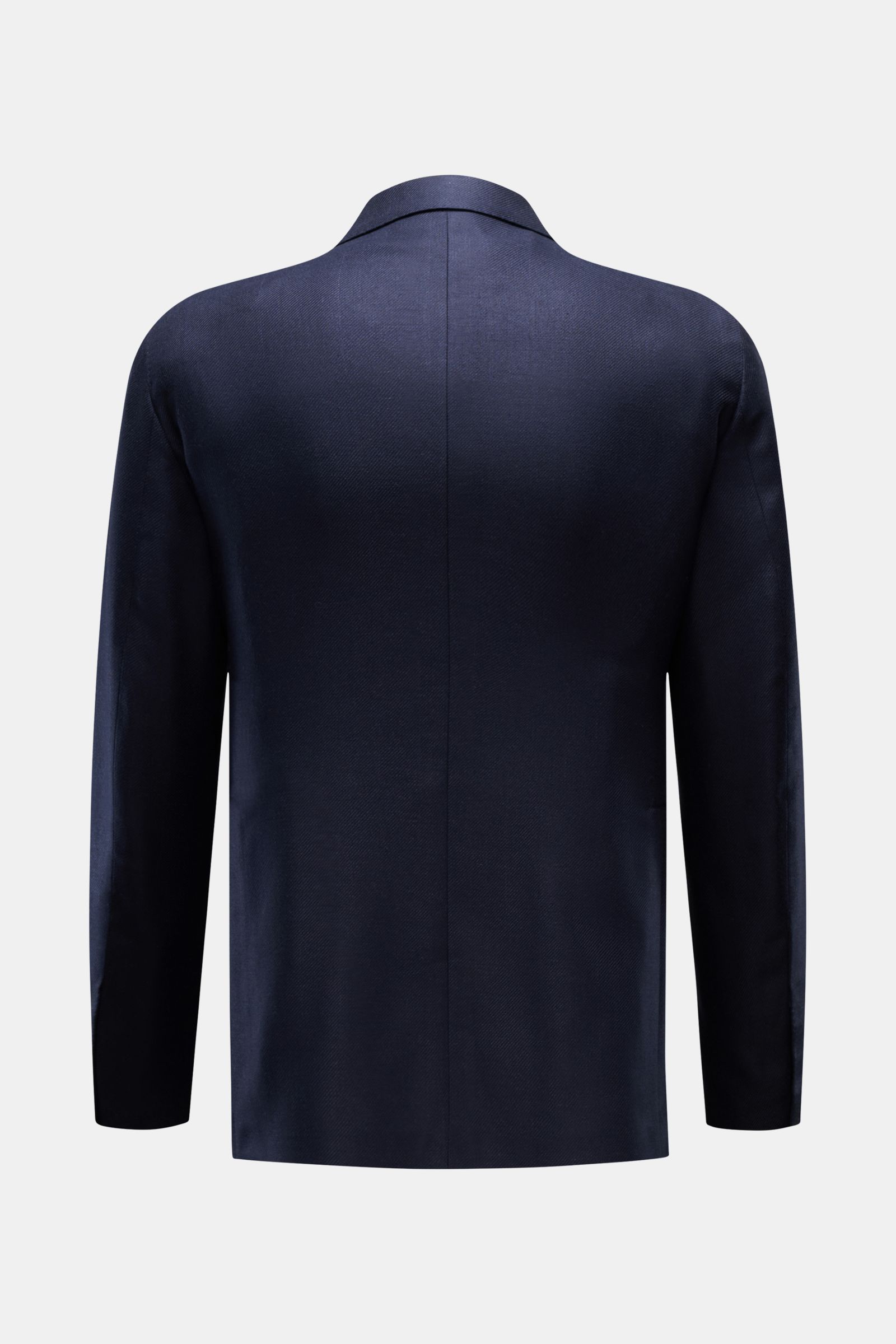Rückansicht des Tagliatore Seidensakko 'Vesuvio' navy in Slim Fit, leichte reine Seide mit markanter Webstruktur und Seitenschlitzen.