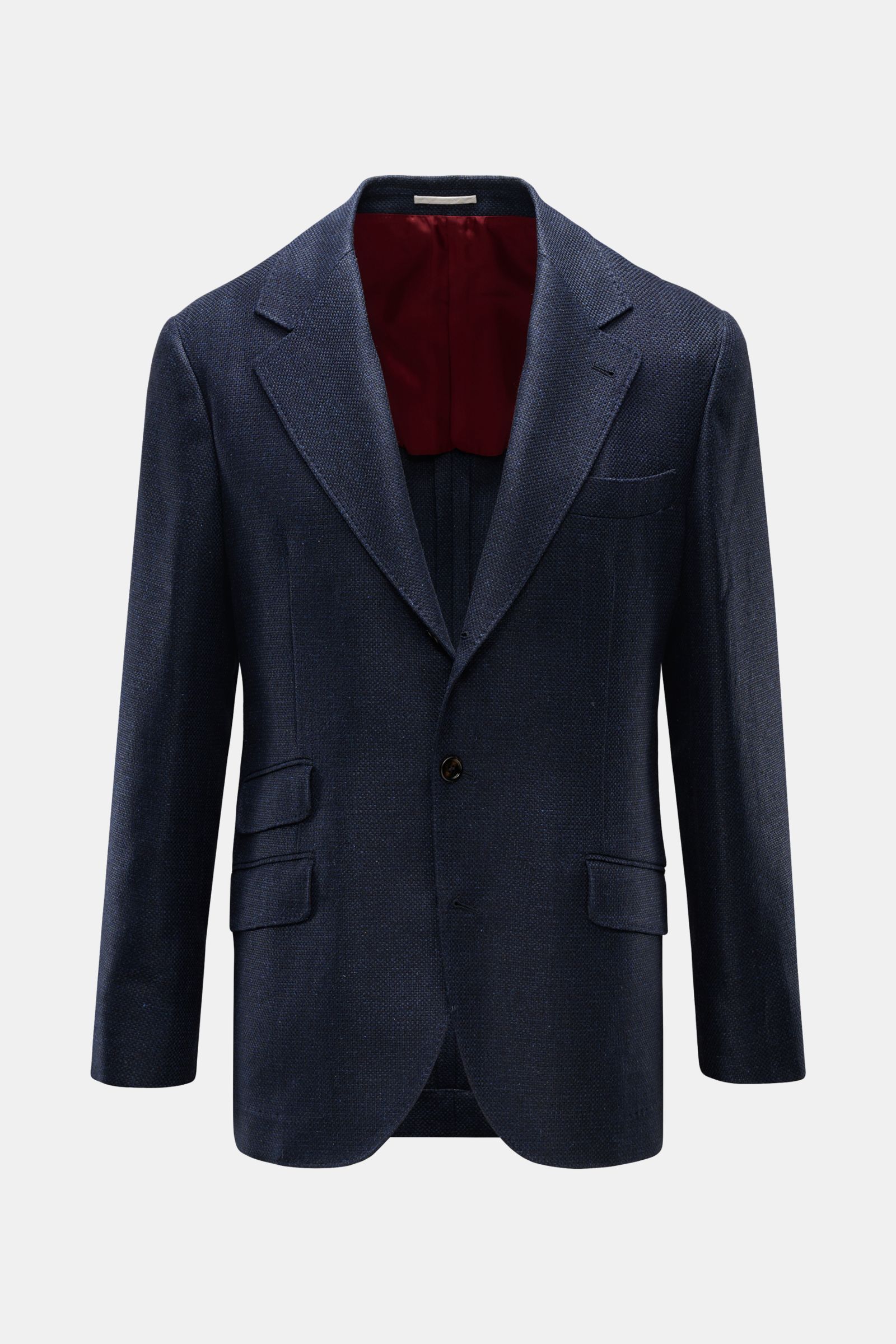 Front view of a Brunello Cucinelli Sakko navy meliert, a slim fit, lightweight three-button jacket in silk, linen, and wool with textured weave, notch lapels, chest pocket, flap hip pockets, unfinished sleeve cuffs, side back vents, half lining, and three