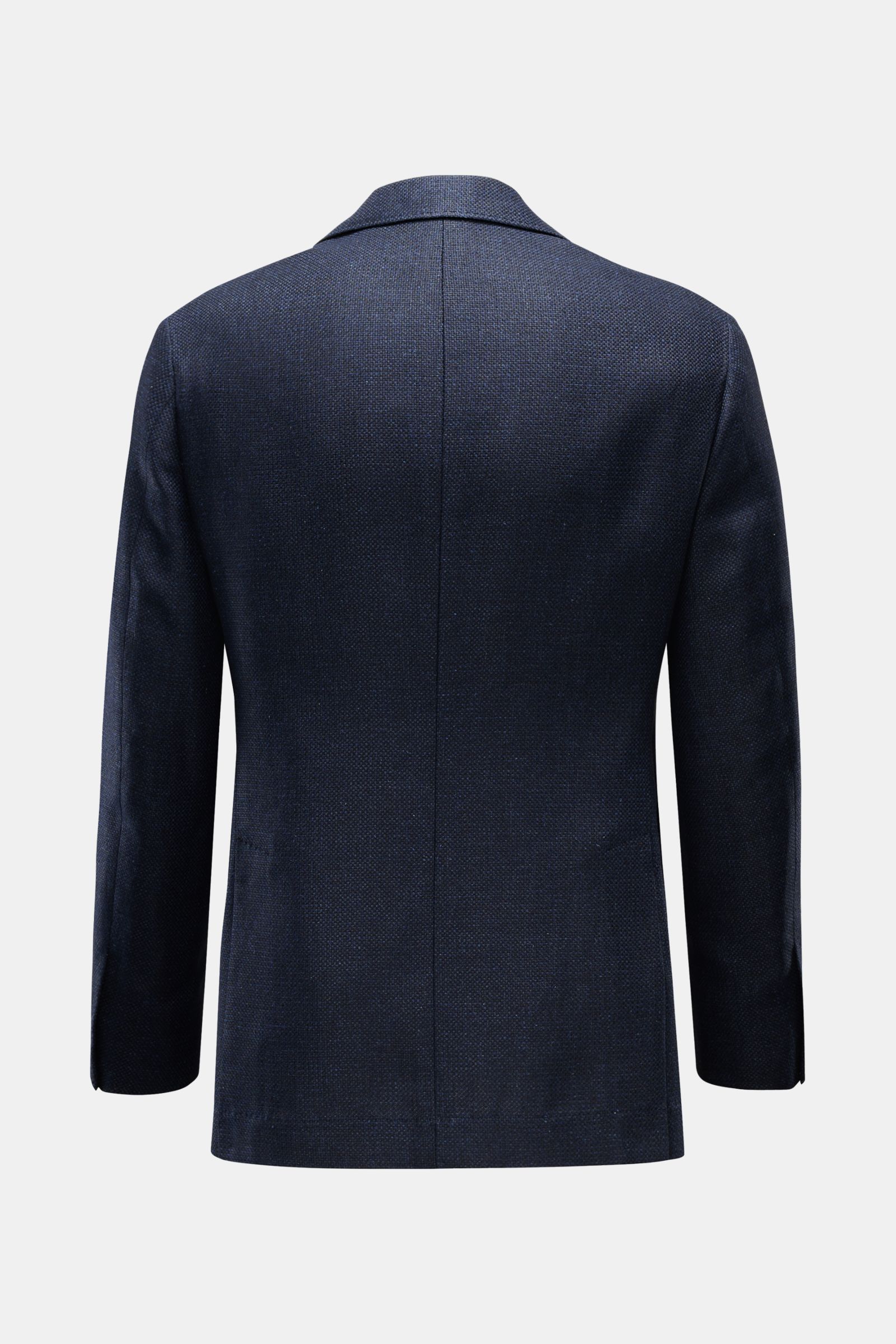 Brunello Cucinelli Sakko navy meliert shown from the back, lightweight three-button blazer with a silk, linen, and wool blend, soft textured feel, slim fit, natural elegance, unfinished sleeve cuffs, and side vents. Leicht, edel und mit unverwechselbarer 