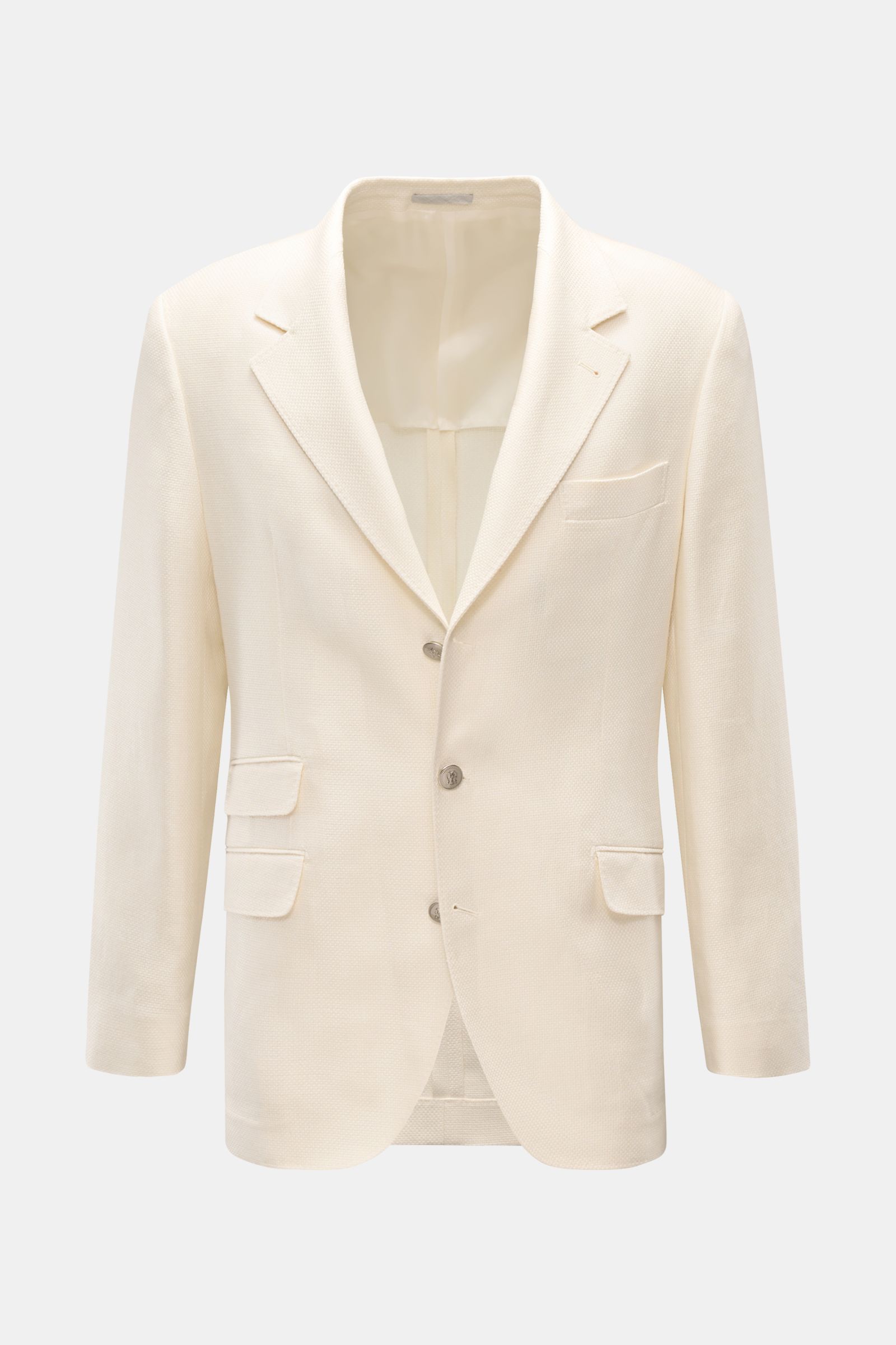 Brunello Cucinelli Sakko creme, frontal fotografiert, Slim Fit, tailliert, Drei-Knopf-Stil, Panama-Webstruktur, Seide-Leinen-Wolle-Mix, Brust- und Hüfttaschen.
