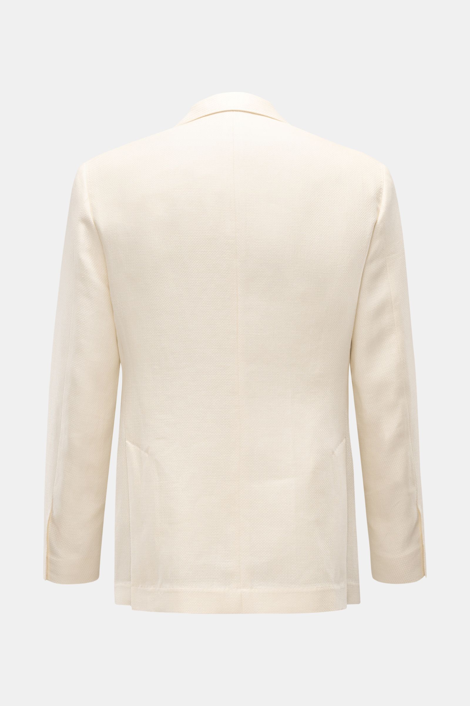 Brunello Cucinelli Sakko creme aus Seide, Leinen, Wolle, Slim Fit mit Panama-Struktur, tailliert, Rückansicht mit Seitenschlitzen und unfertigen Ärmeln.