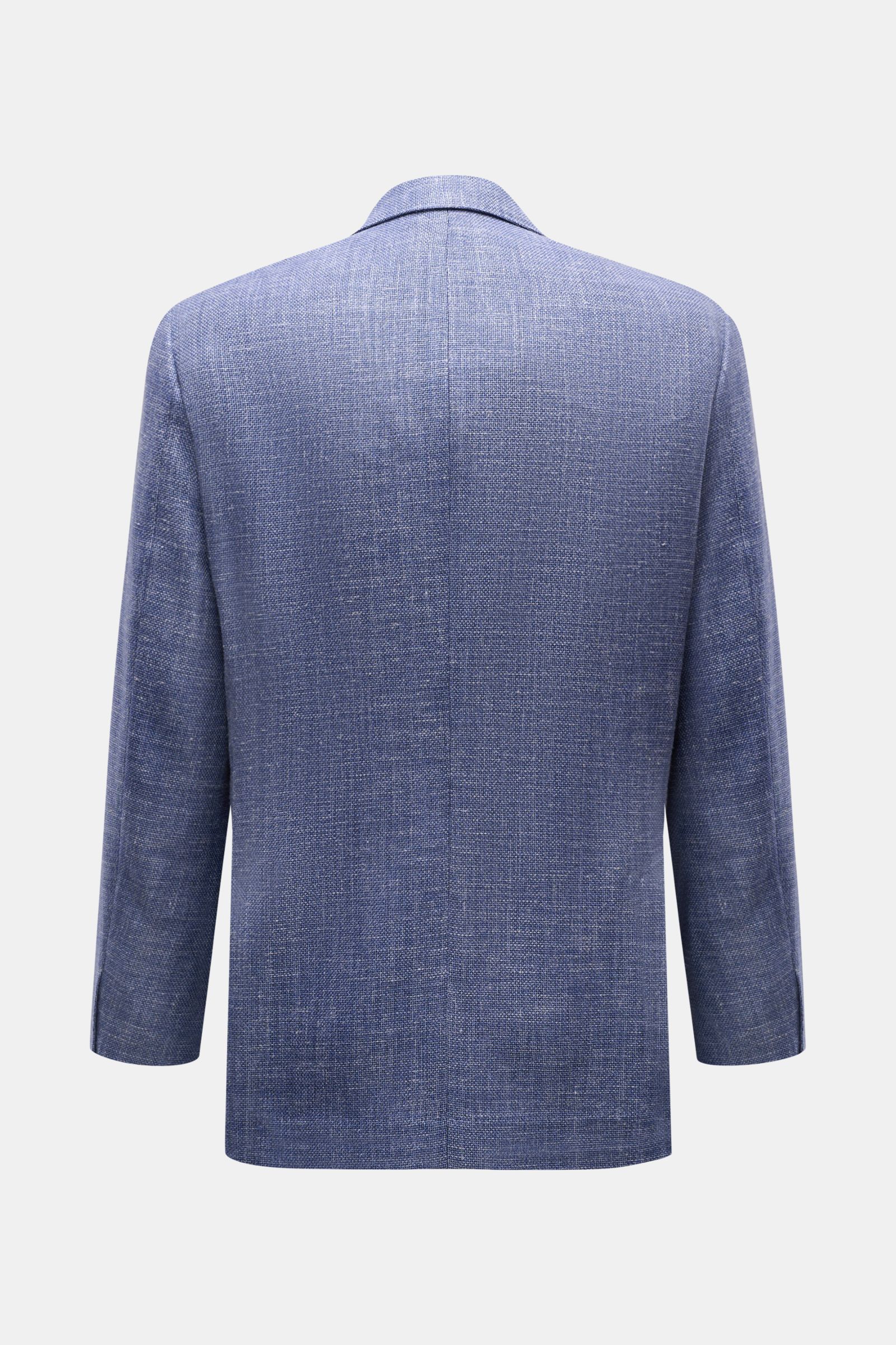 Brunello Cucinelli Sakko graublau meliert, Slim Fit, unifarbene Panama-Webstruktur, Rückansicht mit fallendem Revers, Seitenschlitzen und Ärmeln.