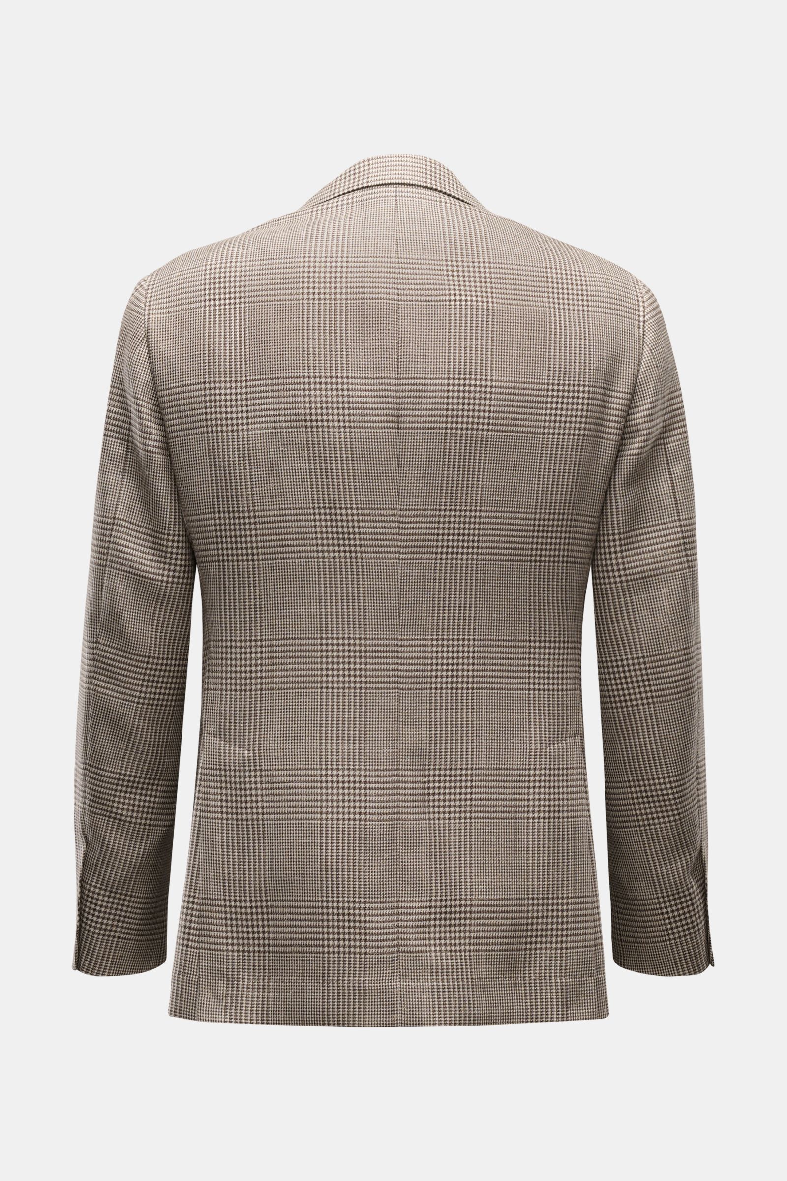 Brunello Cucinelli Sakko beige/dunkelbraun kariert, Rückansicht, Slim Fit, Glencheck, Drei-Knopf-Stil, Woll-Seide-Leinen-Mix, leicht und tailliert.