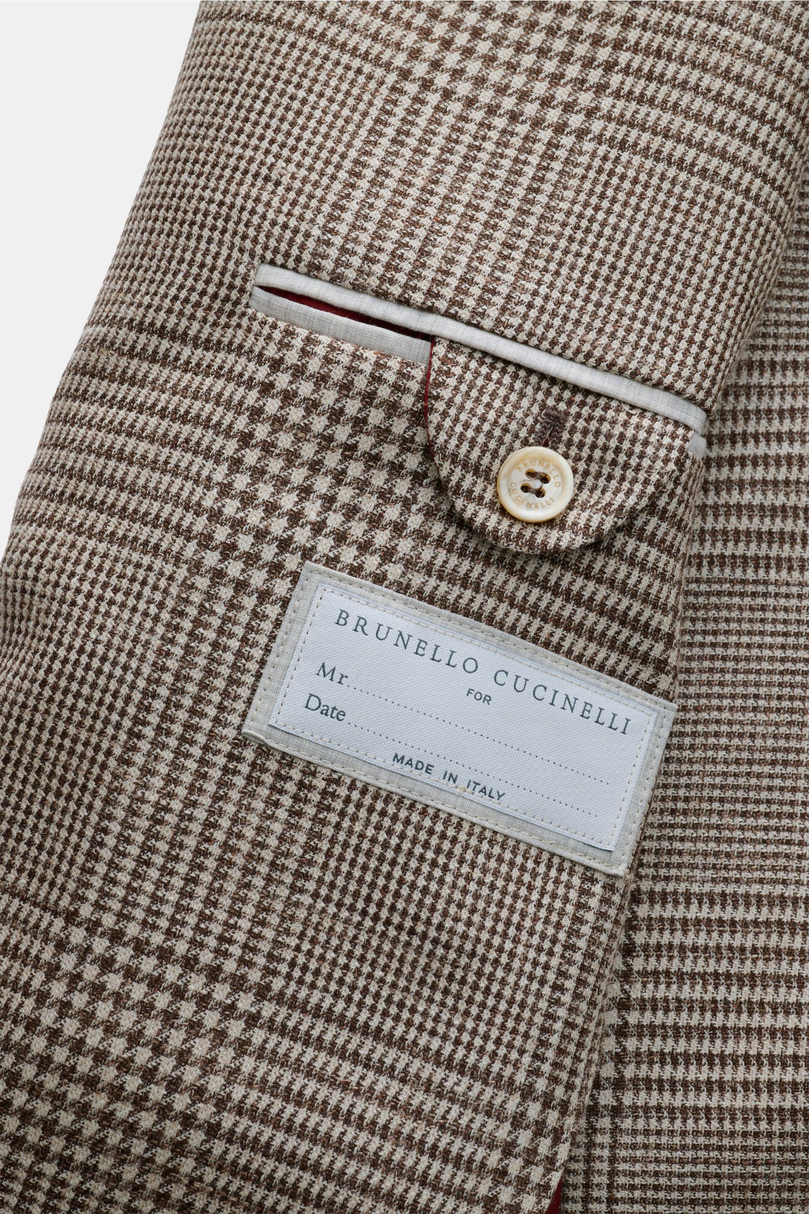 Brunello Cucinelli Sakko beige/dunkelbraun kariert, Nahaufnahme innen mit Etikett, weicher Woll-Seiden-Leinen-Mix, Glencheck, Slim Fit.