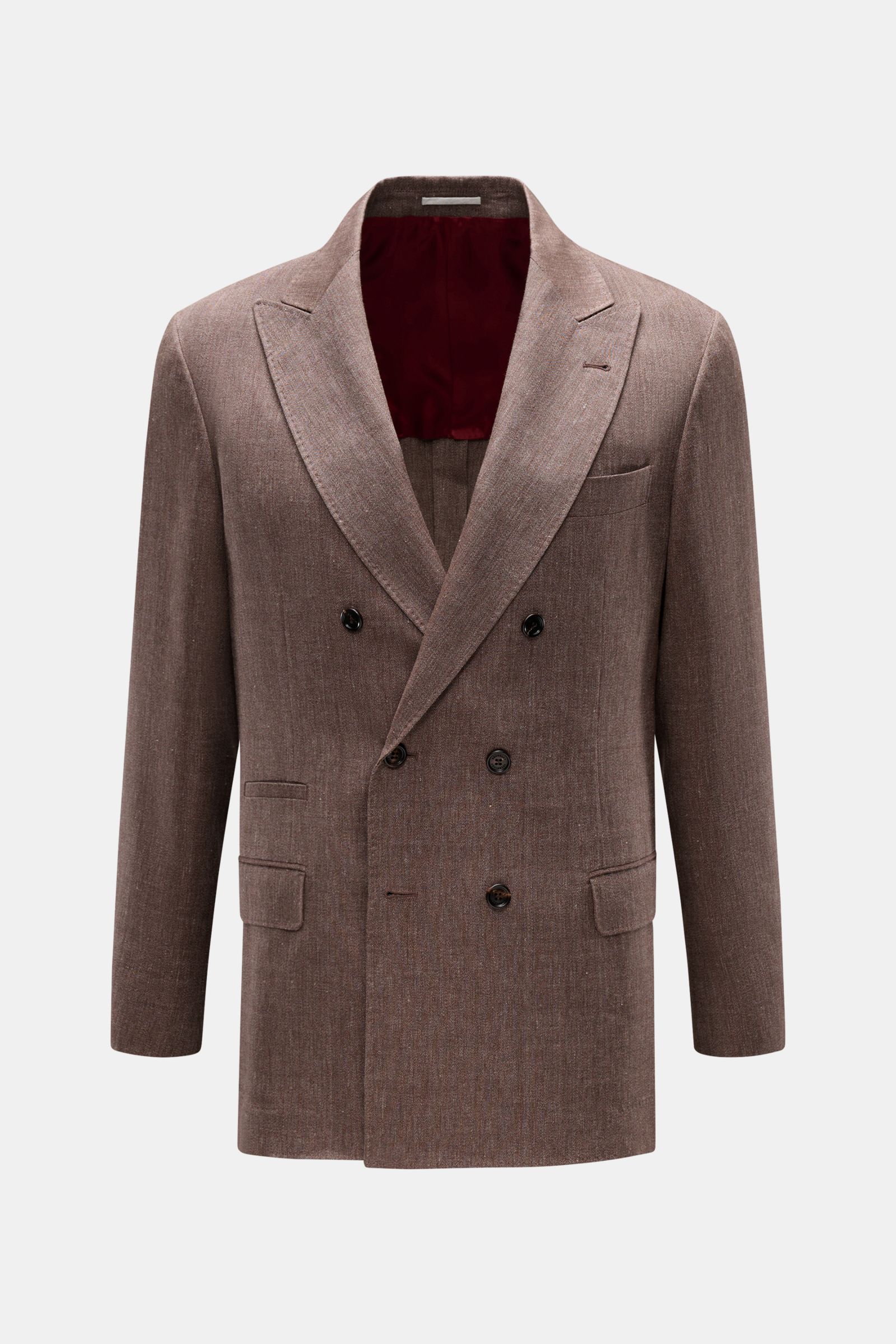 Front view of Brunello Cucinelli Sakko graubraun meliert, a slim fit double-breasted blazer in a gray-brown linen-wool mix with peak lapels and flap pockets.