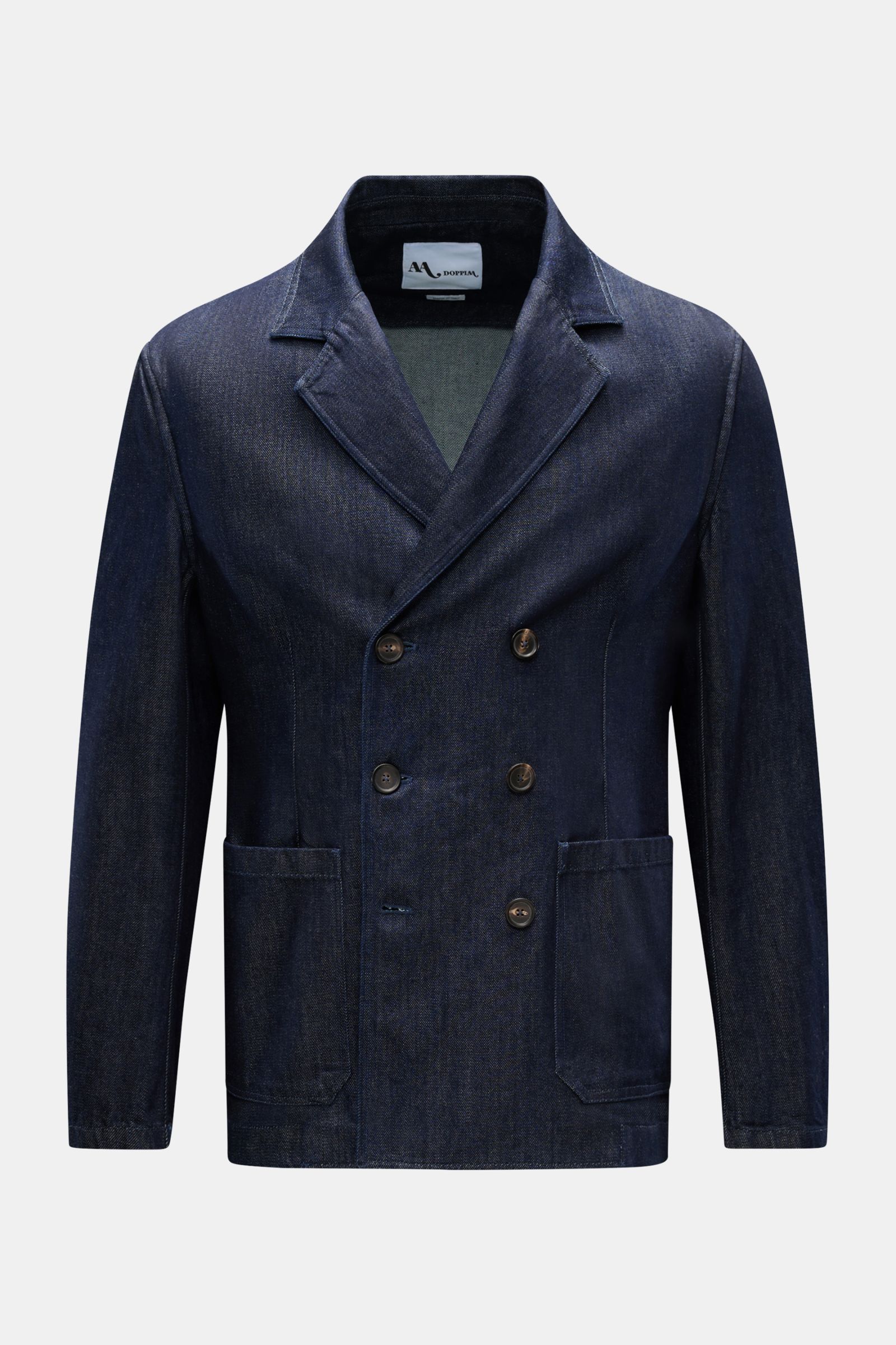 Front view of Doppiaa Denim jacket 'Aansonia' navy, a slim fit, double-breasted three-button jacket with step lapel, patch hip pockets, unconstructed design, made of pure cotton denim, perfect for smart-casual urban spring looks.