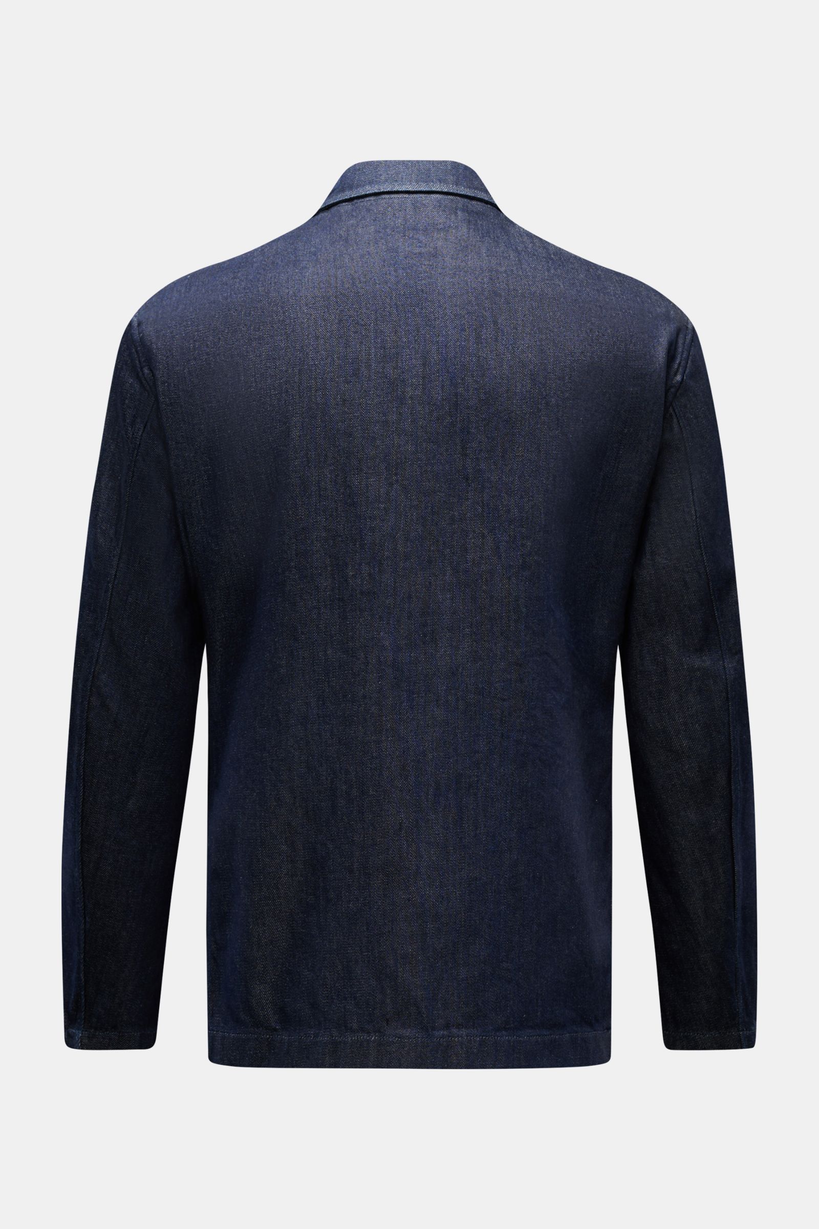 Back view of Doppiaa Denim jacket 'Aansonia' navy with denim finish, slim fit, unconstructed design, step lapel, and patch hip pockets, photographed against a white background. A new casual interpretation of a classic: With its denim finish, this smart-ca