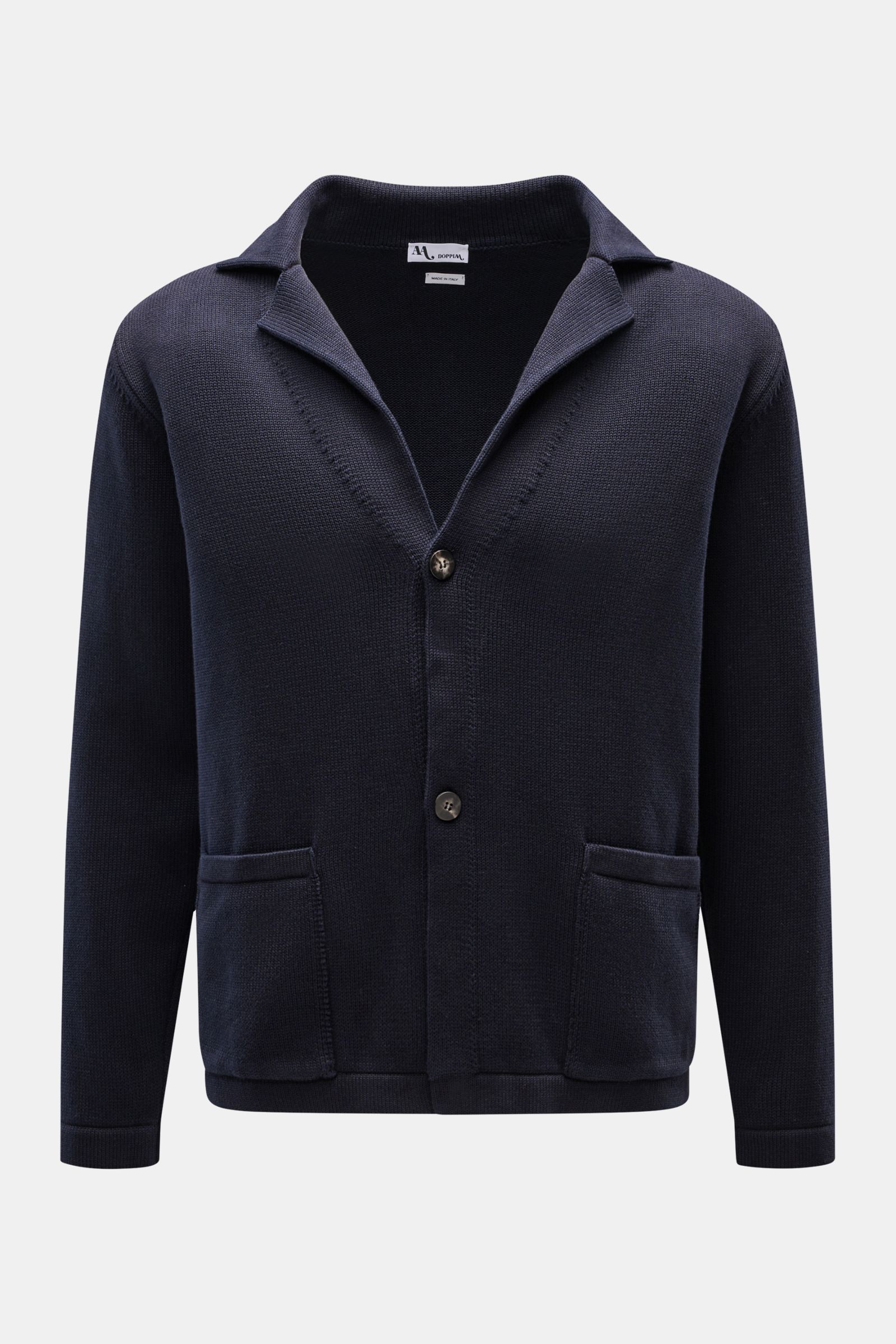 Front view of the Doppiaa Cardigan 'Aalviero' navy in cotton knit, medium-fine knit, regular fit, with two-button placket, knit standing collar, classic breast pocket, and patch hip pockets.

Additional description:
Timeless elegance for the transition