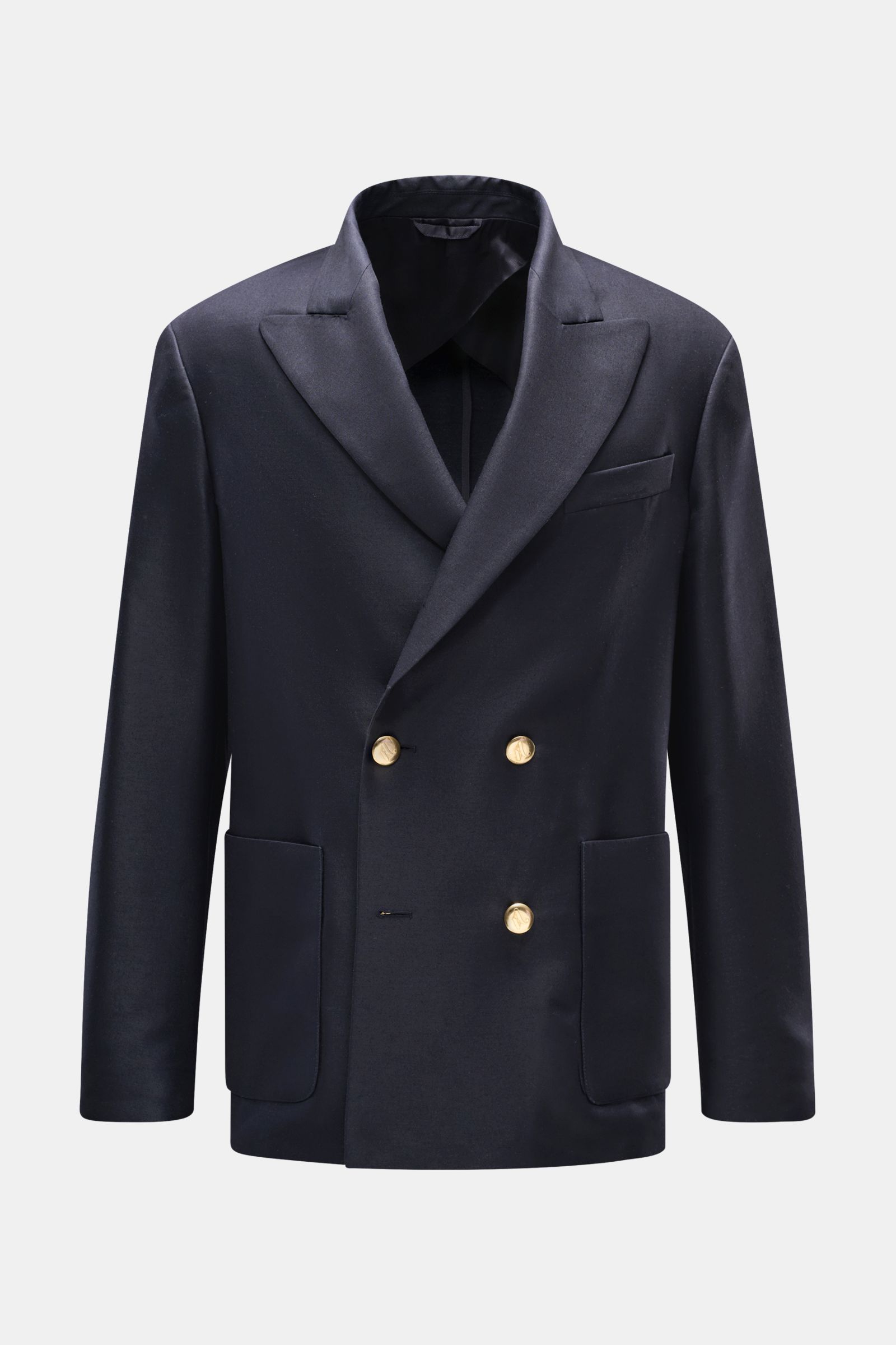 Doppiaa Sakko 'Aanversa' navy, frontale Nahaufnahme, twill Wolle-Seide, zweireihig, goldene Knöpfe, Spitzrevers, Slim Fit, aufgesetzte Taschen.