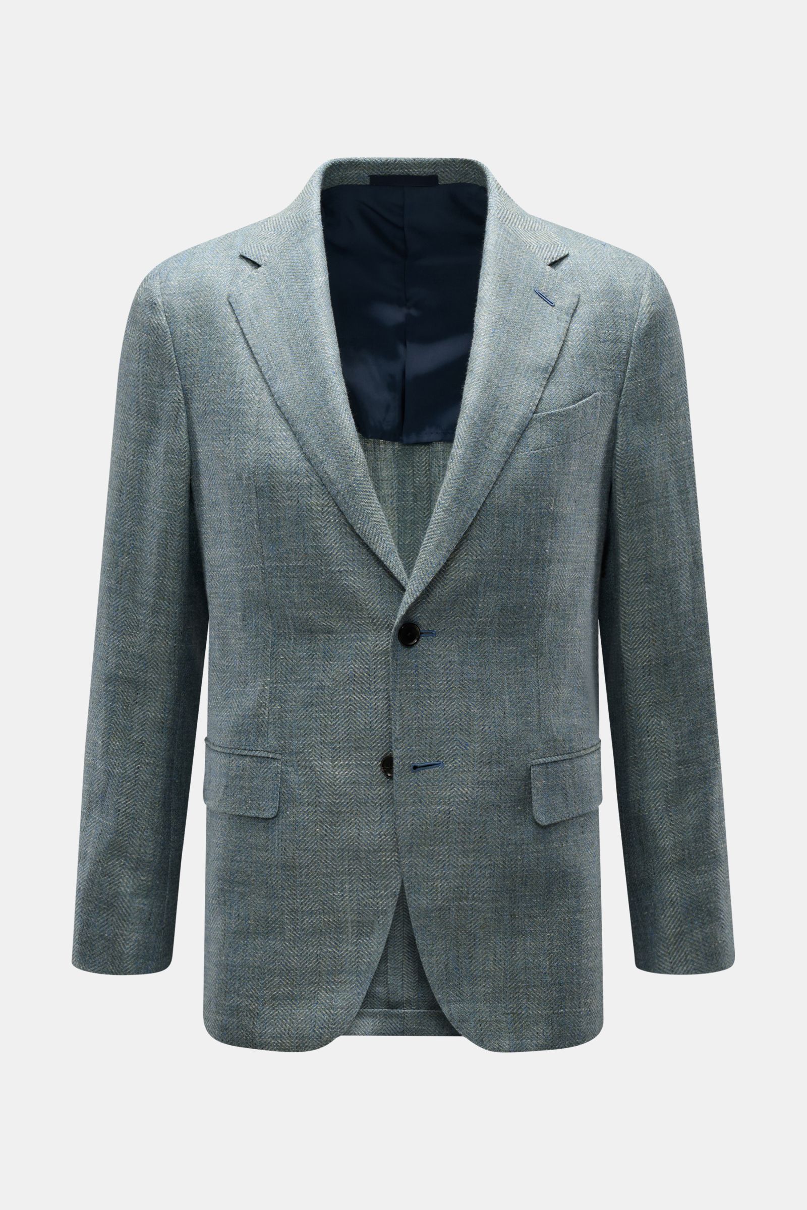 Front view of Caruso Smart-casual jacket 'Aida' grey-green mottled with slim fit, two-button style, linen-wool blend, and subtle herringbone texture.