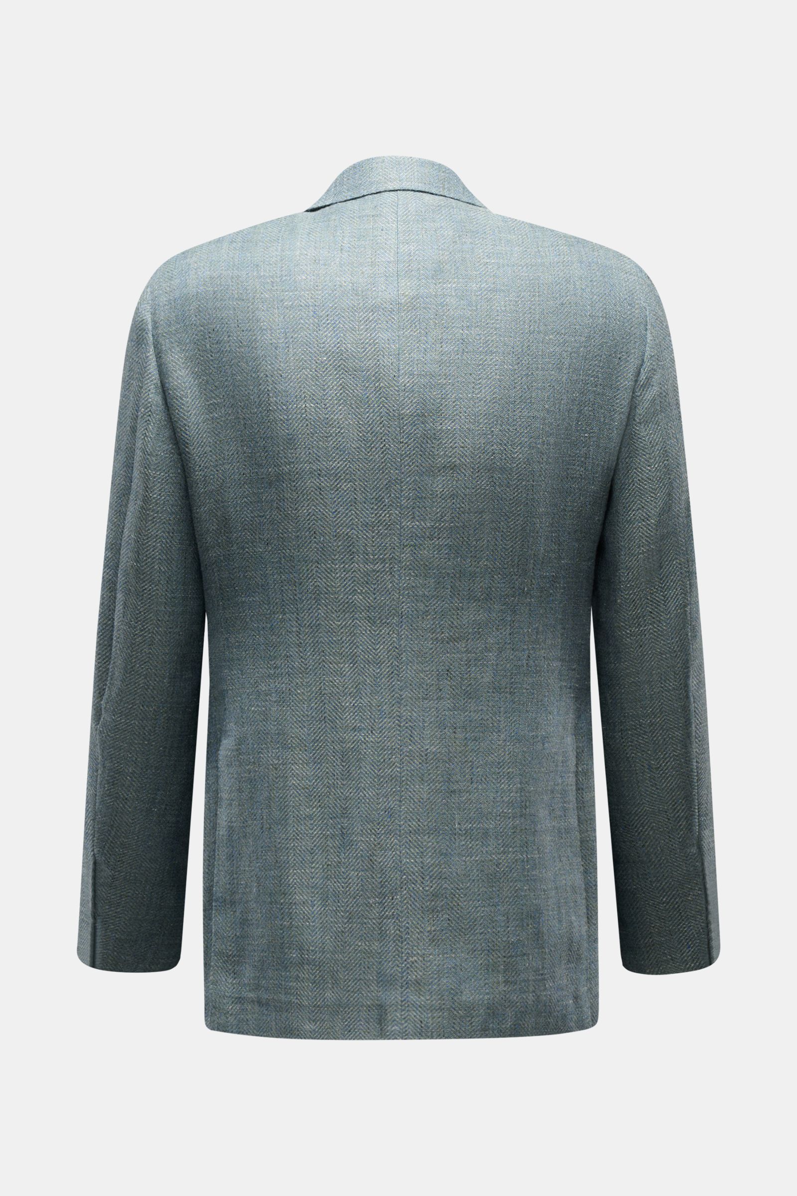 Rear view of Caruso Smart-casual jacket 'Aida' grey-green mottled, slim fit with linen-wool blend, herringbone texture, and step lapel.

Description: In the smart-casual jacket 'Aida', CARUSO combines smart style with fabric in the natural materials linen