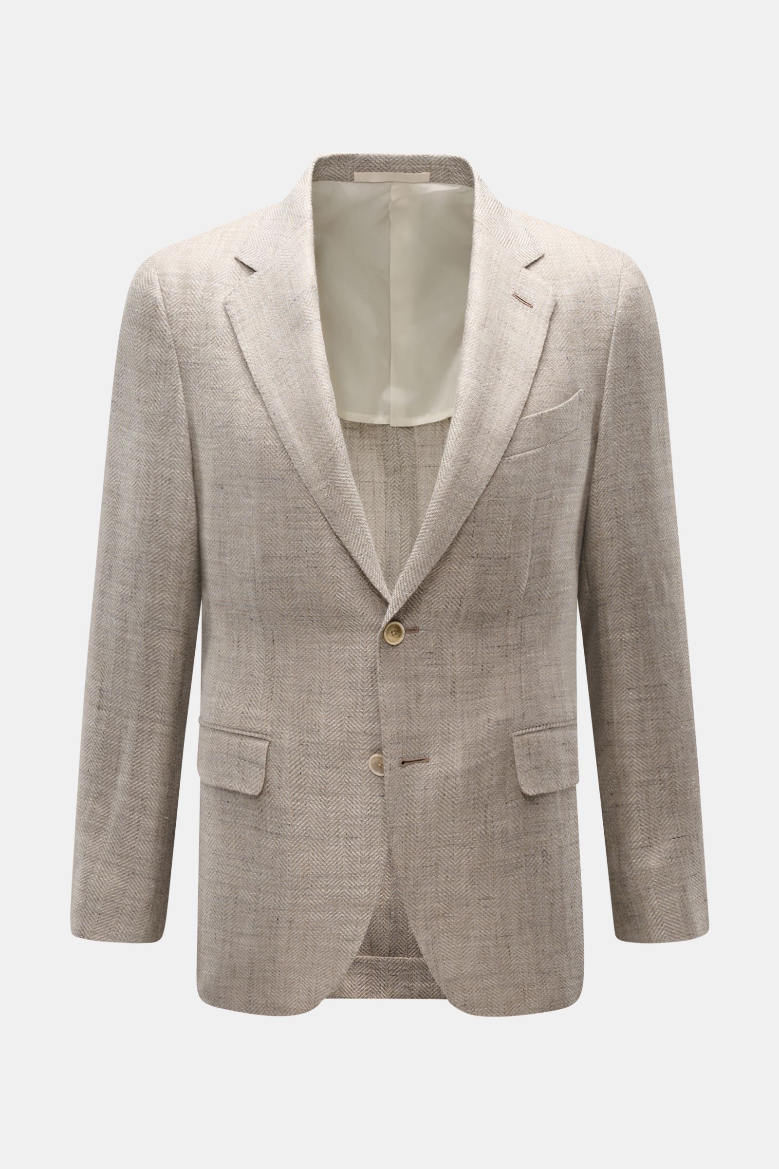 Front view of Caruso Smart-casual jacket 'Aida' beige mottled in linen-wool blend with slim fit, two-button style, herringbone texture, flap hip pockets, breast pocket, step lapel, unfinished cuffs, side vents, half lined with three inside pockets.