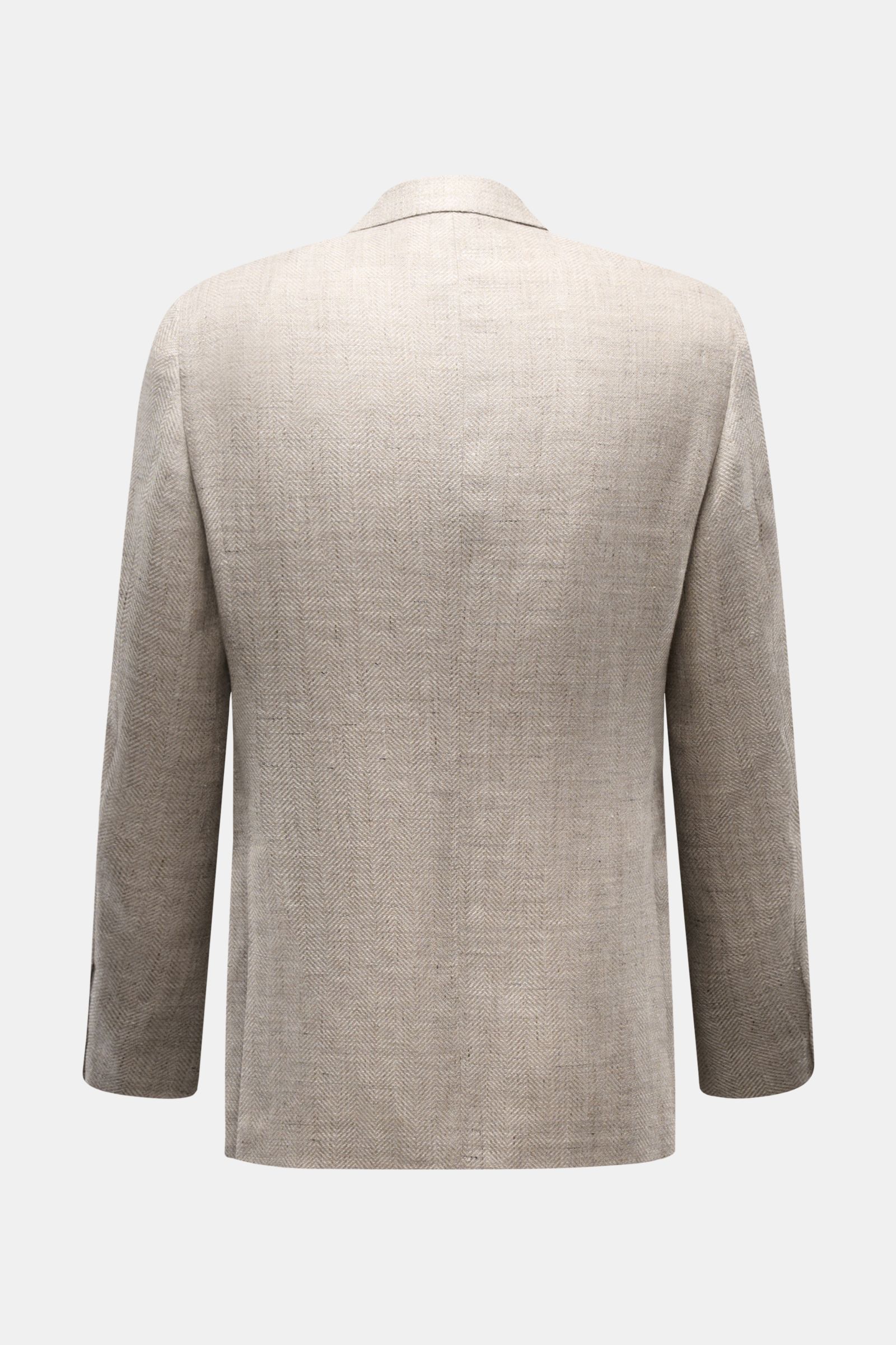 Back view of Caruso Smart-casual jacket 'Aida' beige mottled, featuring a slim fit, linen-wool blend, herringbone texture, step lapel, and side vents. 

In the smart-casual jacket 'Aida', CARUSO combines smart style with fabric in the natural materials
