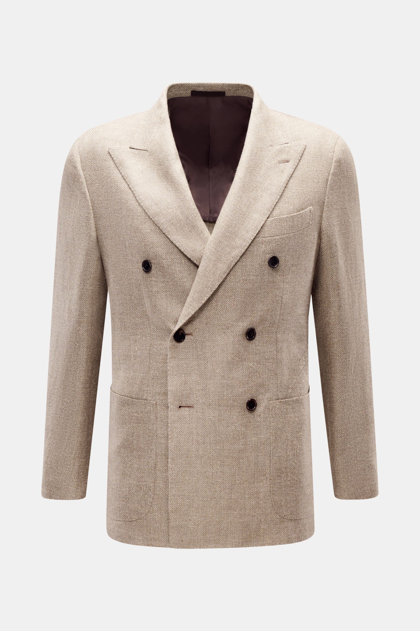 Caruso Sakko 'Aida' beige meliert, frontal fotografiert, zweireihig mit steigendem Spitzrevers, Hanf-Woll-Mix, Slim Fit, Brust- und Hüfttaschen.