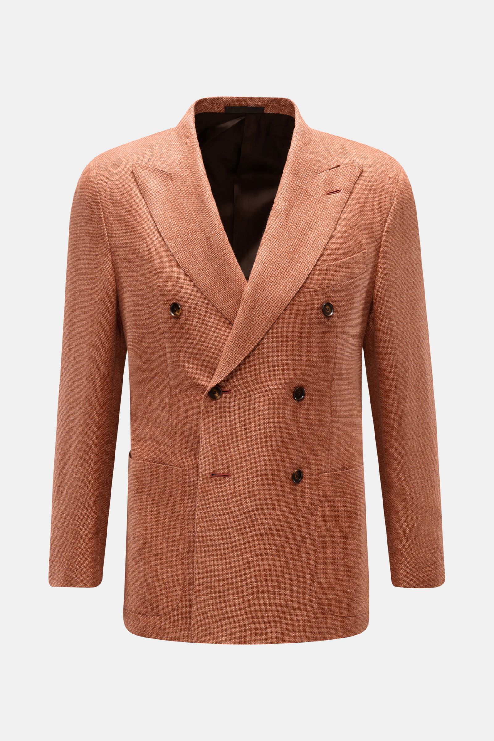 Caruso Sakko 'Aida' rostbraun meliert, Slim Fit, zweireihig, steigendem Spitzrevers, griffige Hanf-Wolle, Leinwandbindung, Brust- und Hüfttaschen, halb gefüttert, drei Innentaschen, Ärmelabschlüsse unfertig, Rückenschlitze, Frontansicht.