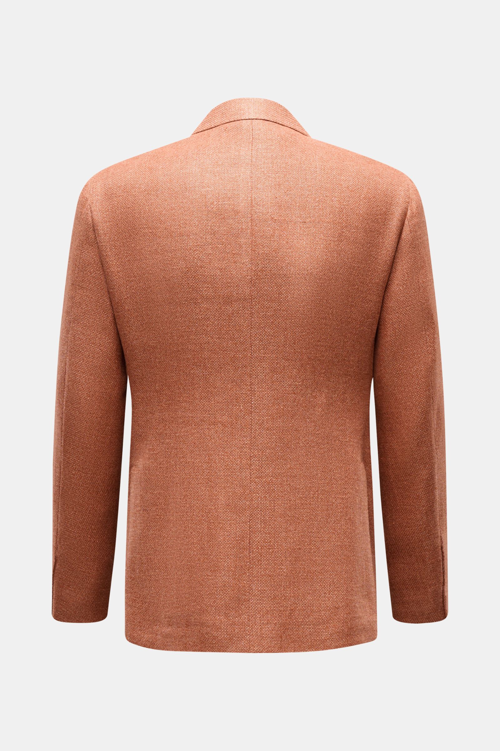 Caruso Sakko 'Aida' rostbraun meliert, rustikaler italienischer Stil, zweireihig, steigendem Revers, Hanf-Wolle-Mix, Slim Fit, Rückansicht.