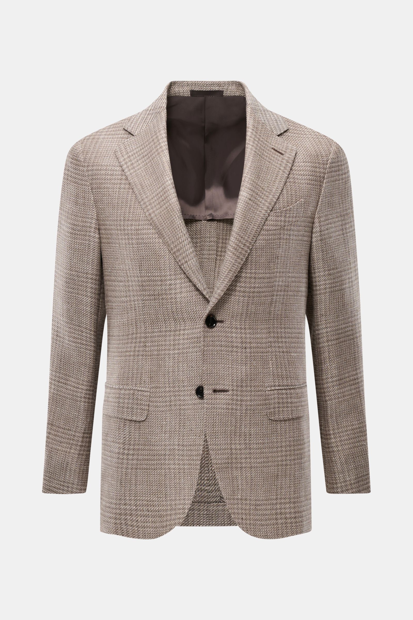 Front view of Caruso Smart-casual jacket 'Aida' taupe/brown checked, lightweight linen-wool blend, slim fit, two-button, glen check pattern.

Description:  
A stylish addition with a classic feel: Made of a lightweight linen-wool blend with timeless glen 