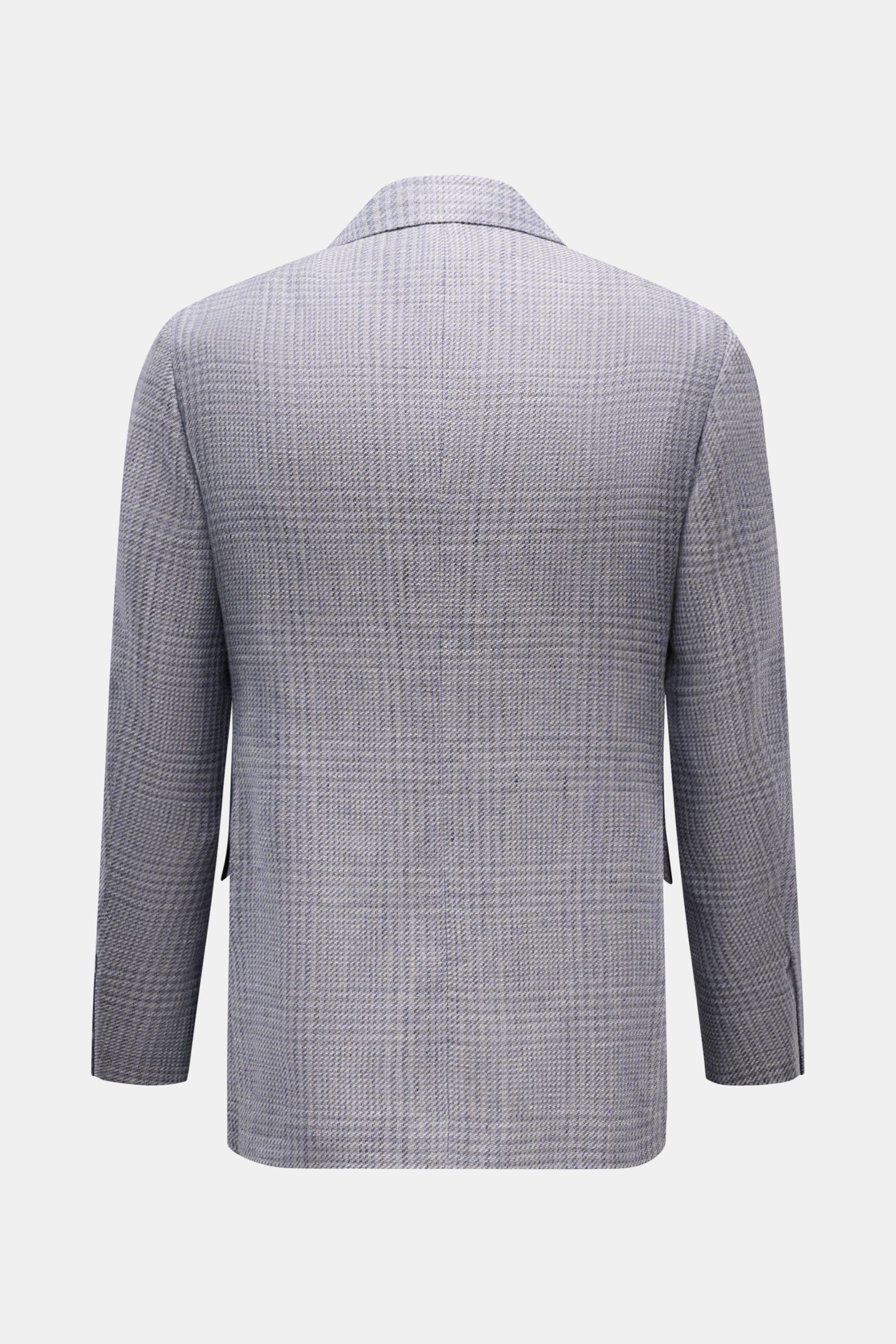 Caruso Sakko 'Aida' grau/rauchblau kariert, Rückansicht, Slim Fit, Leinen-Woll-Mix, Glencheck, zwei Seitenschlitze, tailliert, leicht und halb gefüttert.