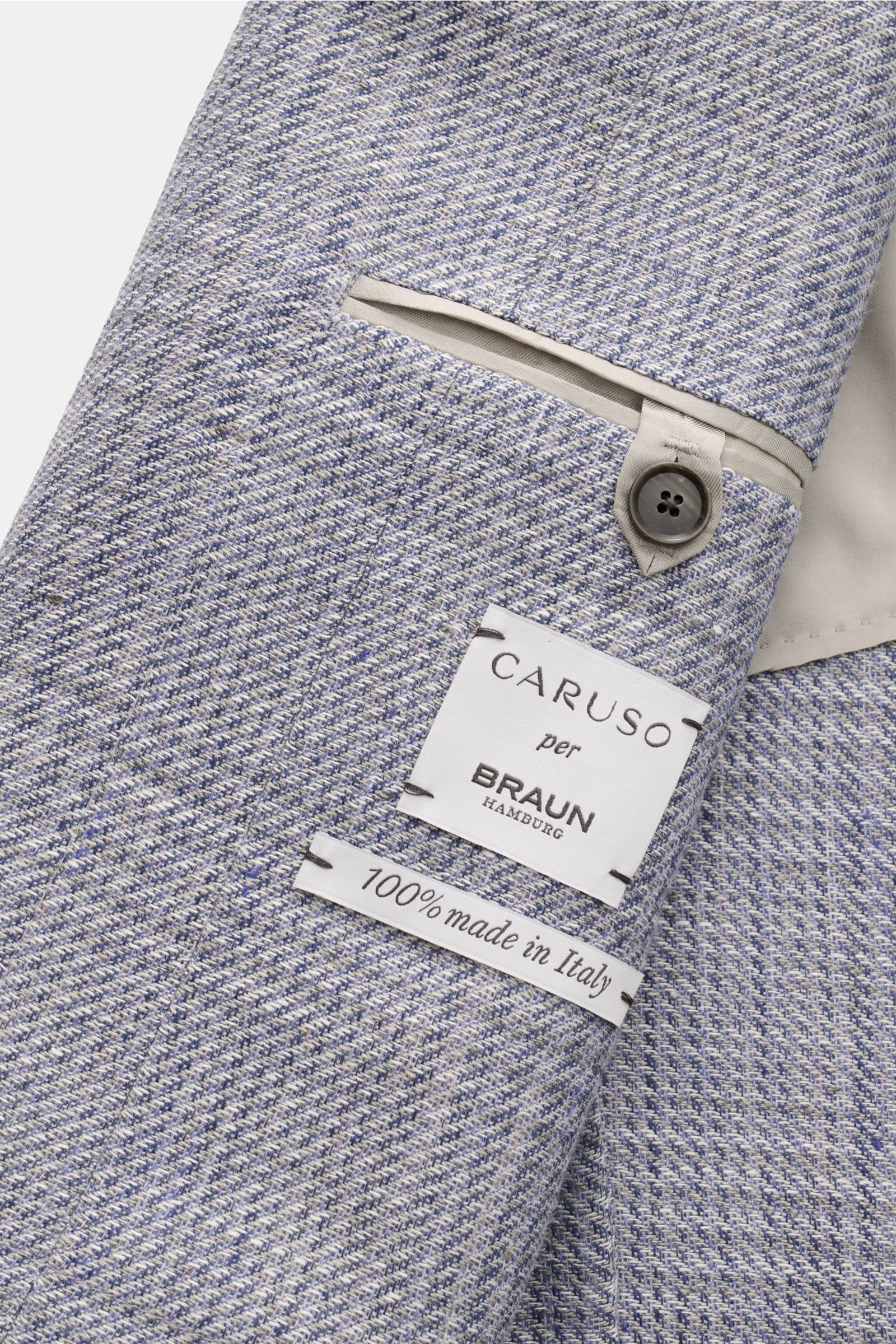 Caruso Sakko 'Aida' grau/rauchblau kariert, Detailaufnahme Innenfutter mit Label, leichter Leinen-Woll-Mix, Glencheck, Slim Fit, halb gefüttert.