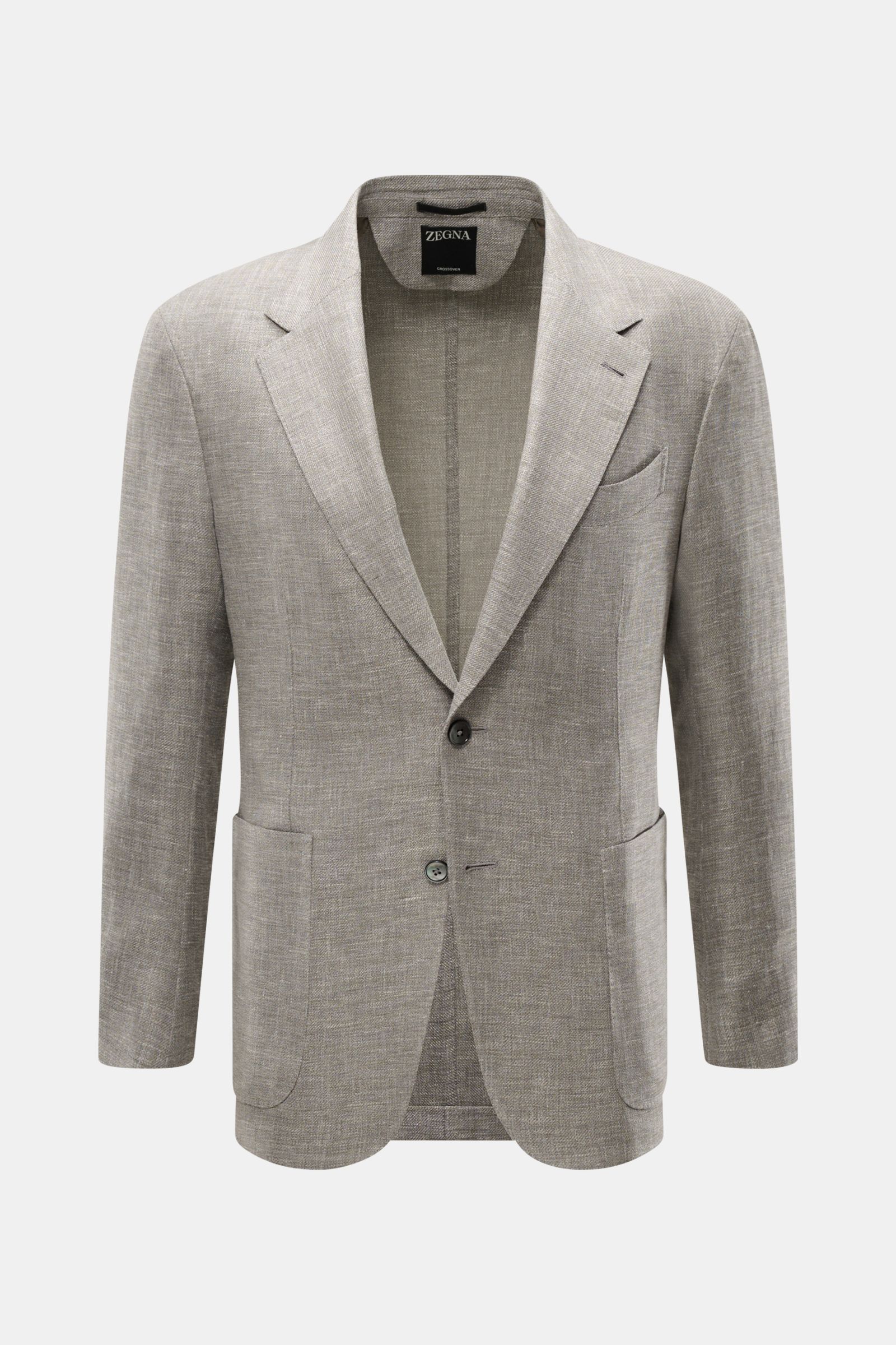 Alt tag (125 characters): Front view of Zegna Smart-casual jacket 'Riviera' grey/white mottled, slim fit, linen-wool-silk blend, two-button style.

Description:  
The smart-casual jacket 'Riviera' by ZEGNA made of linen and wool with silk content has a