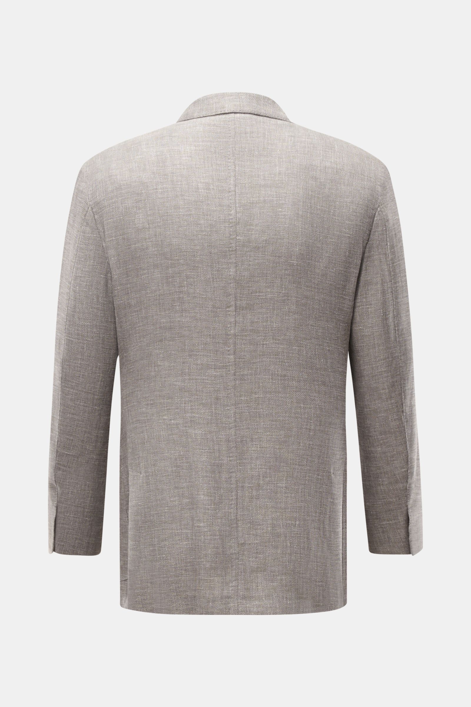 Back view of Zegna Smart-casual jacket 'Riviera' grey/white mottled, linen-wool-silk blend, slim fit, soft feel, Italian elegance.

Description: The smart-casual jacket 'Riviera' by ZEGNA made of linen and wool with silk content has a comfortably soft 