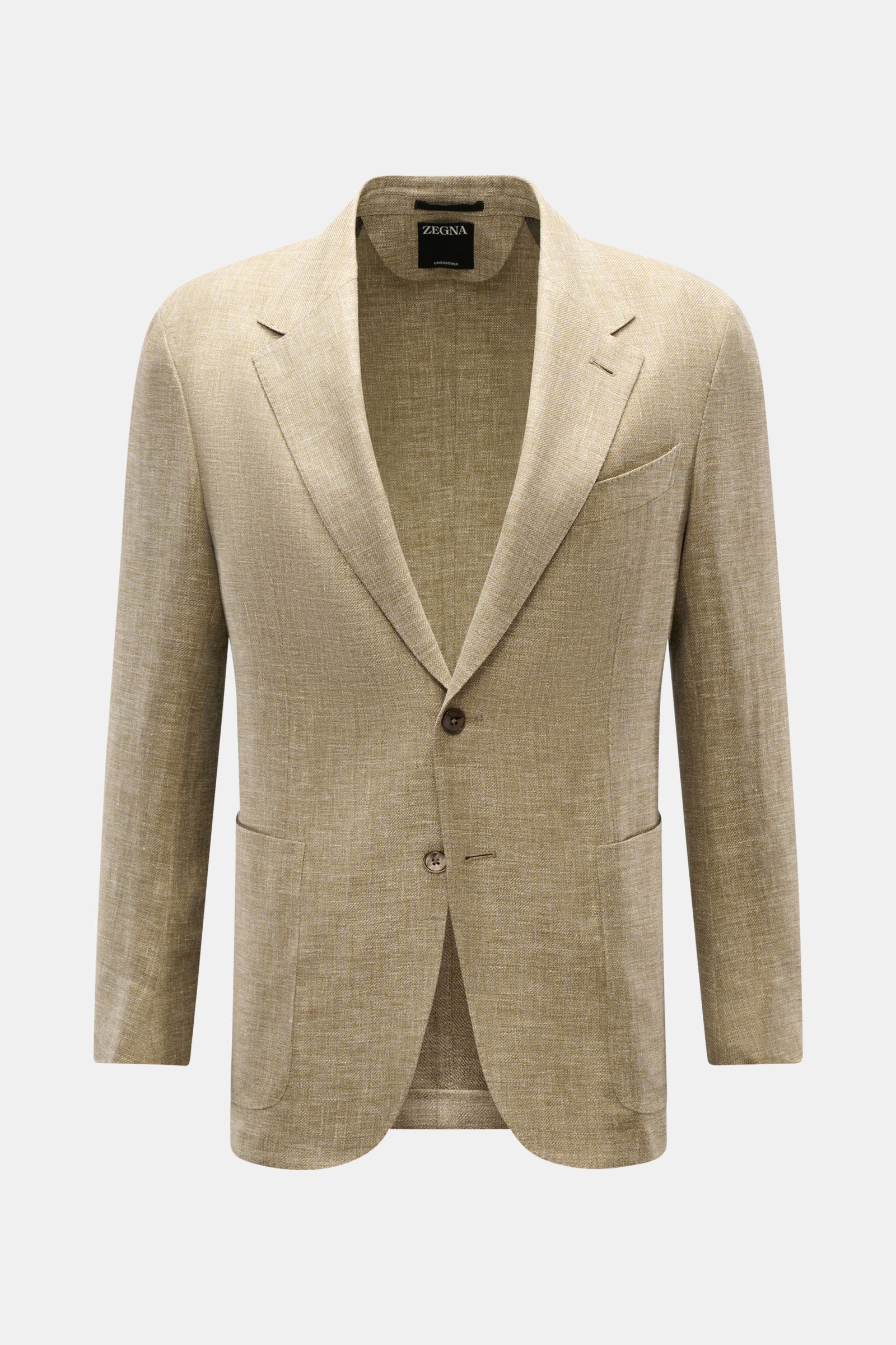 Zegna Sakko oliv meliert aus Leinen, Wolle, Seide, Slim Fit, tailliert, zwei Knöpfe, fallendes Revers, Taschen, frontale Ansicht.